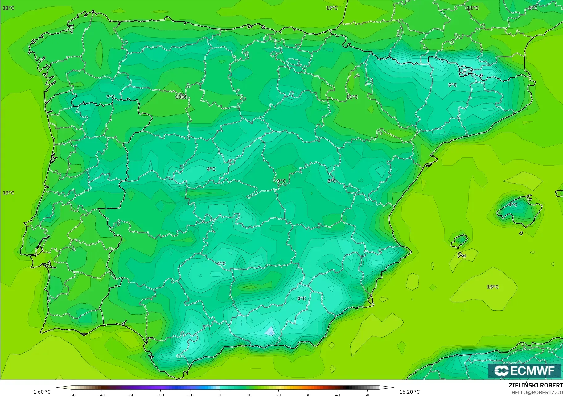 ECMWF IFS 0.25° modelo - España, Punto de rocío a 2 m