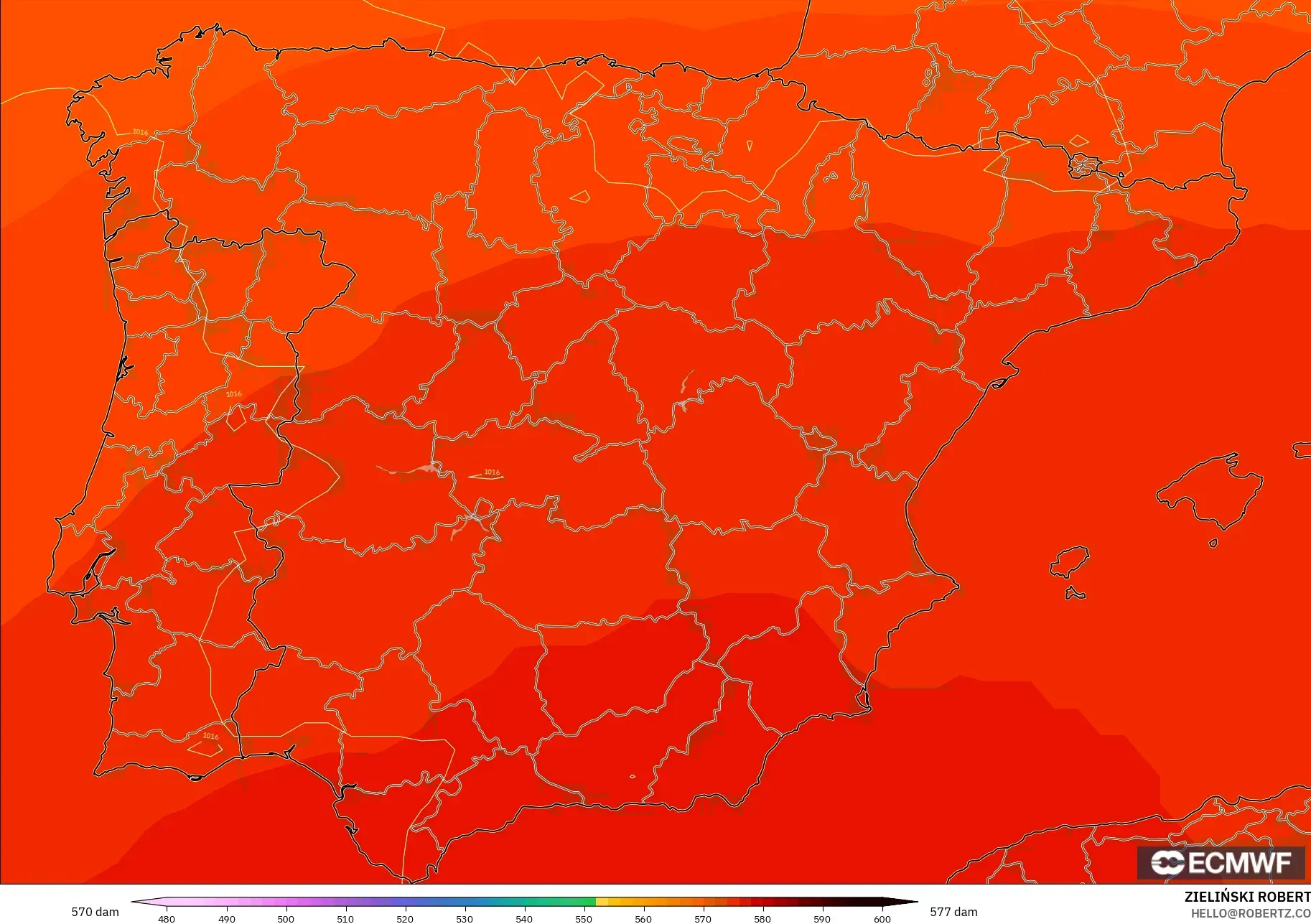 ECMWF IFS 0.25° modelo - España, Altura geopotencial a 500 hPa