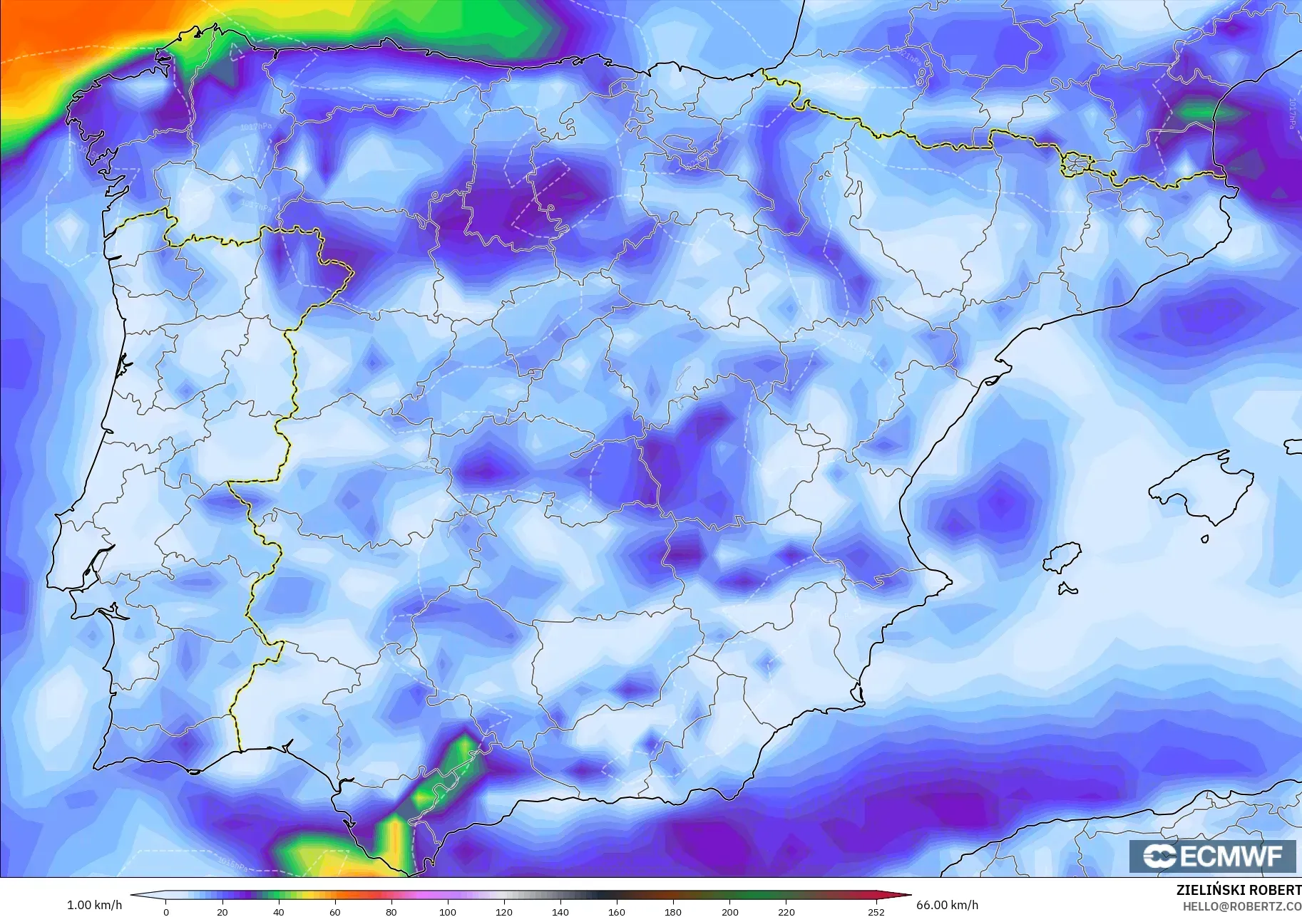 ECMWF IFS 0.25° modelo - España, Ráfagas de viento