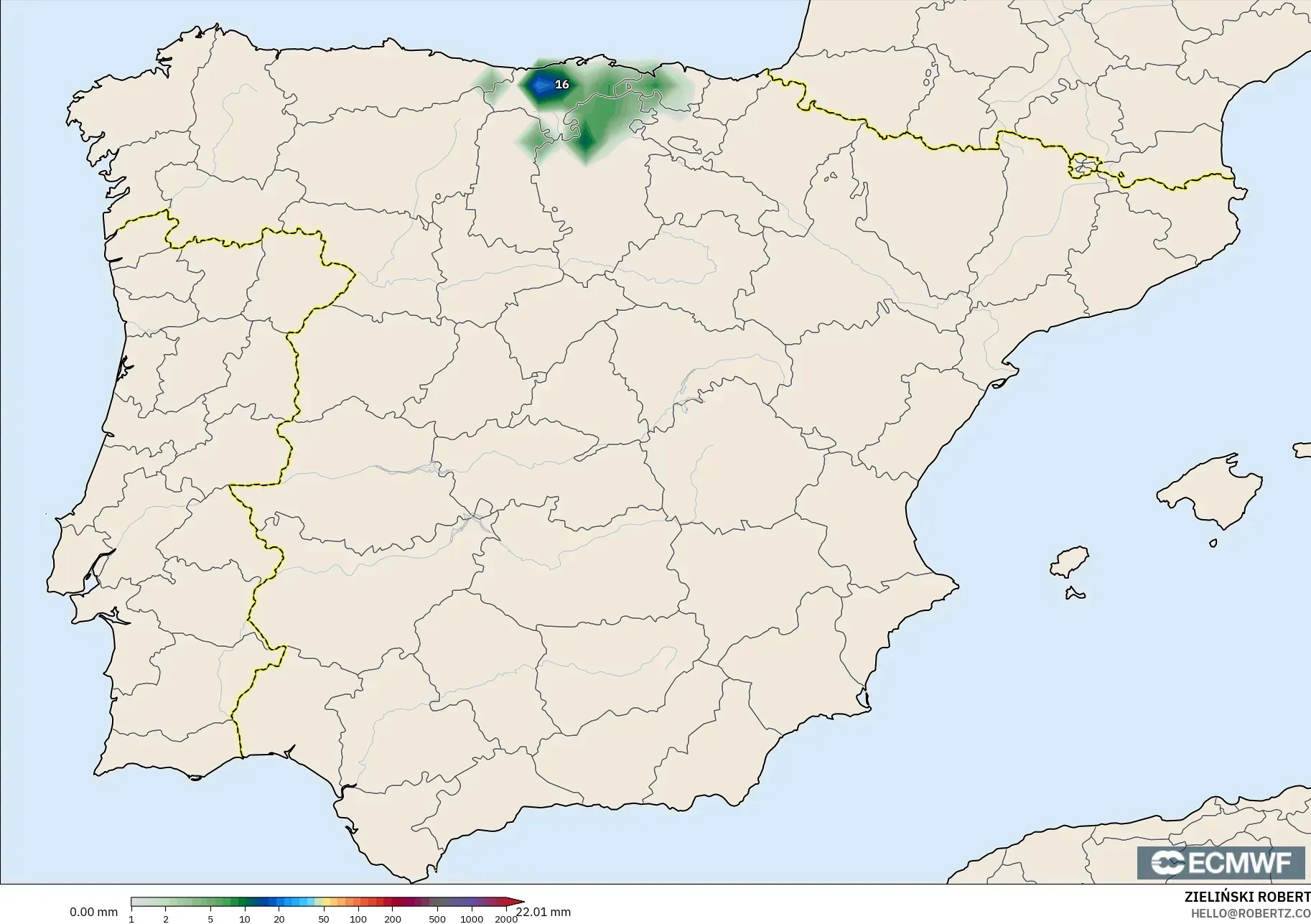 ECMWF IFS 0.25° modelo - España, Acumulación de precipitación