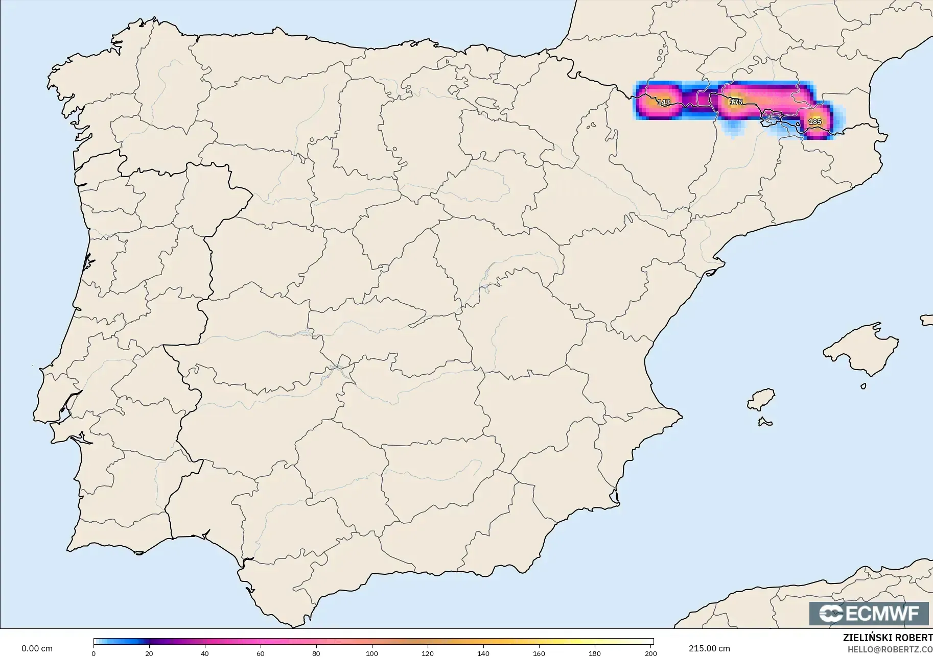 ECMWF IFS 0.25° modelo - España, Profundidad de nieve