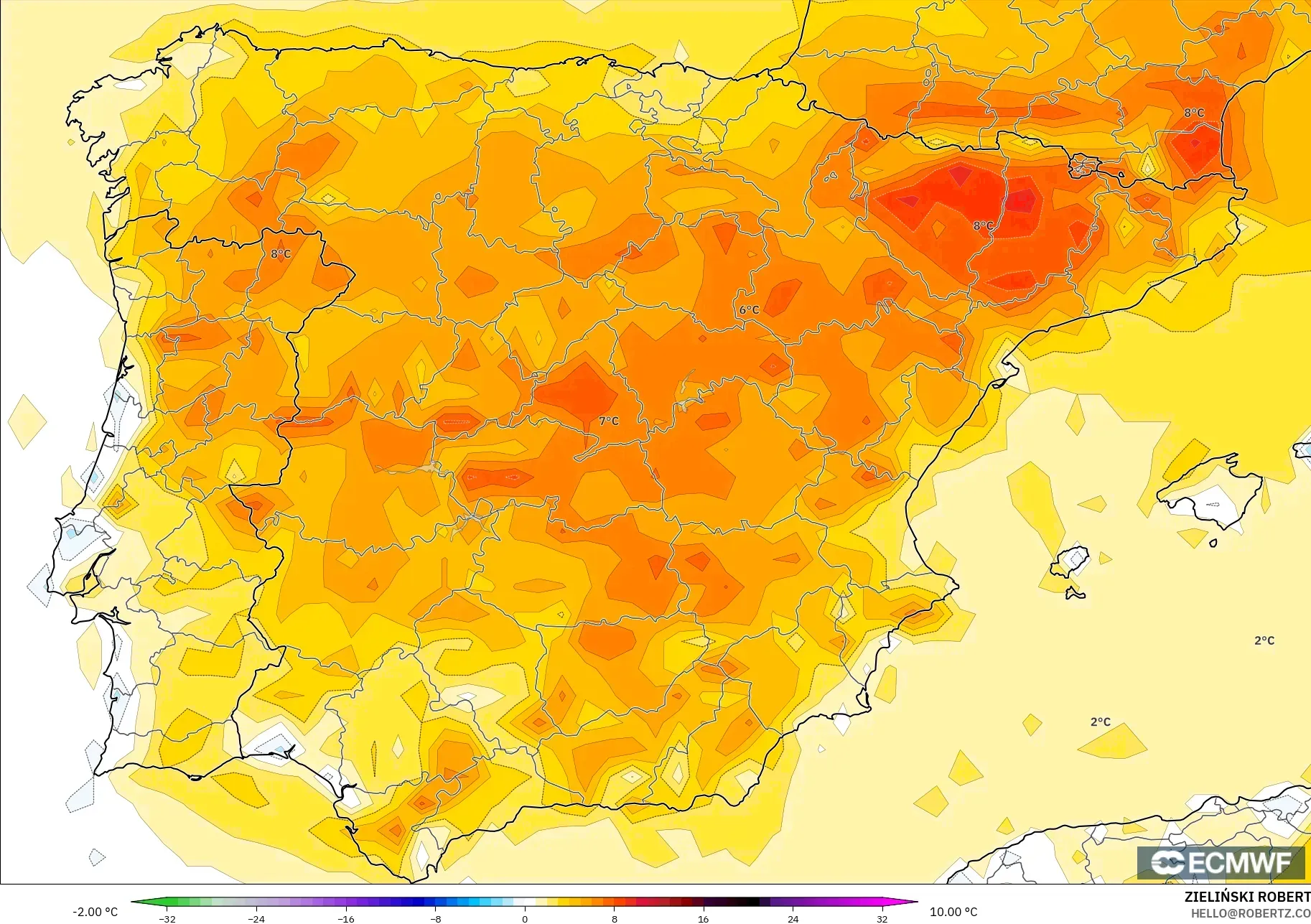 ECMWF IFS 0.25° modelo - España, Anomalía de temperatura a 2 m