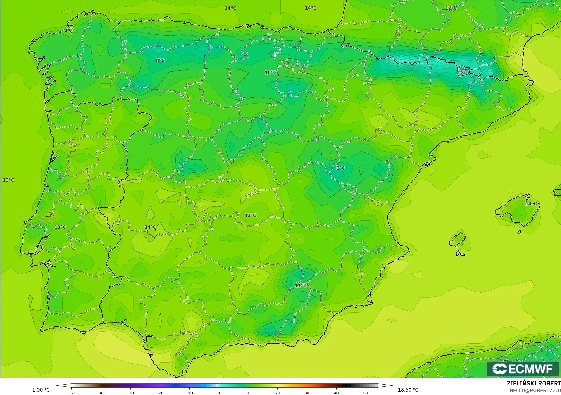ECMWF IFS 0.25° modelo - España, Temperatura a 2 m