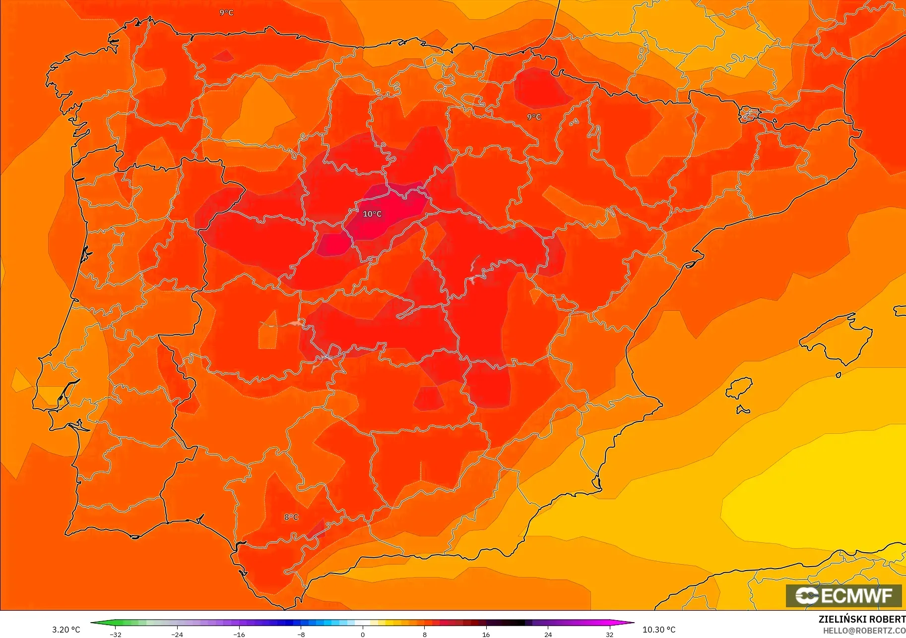 ECMWF IFS 0.25° modelo - España, Anomalía de temperatura a 850 hPa