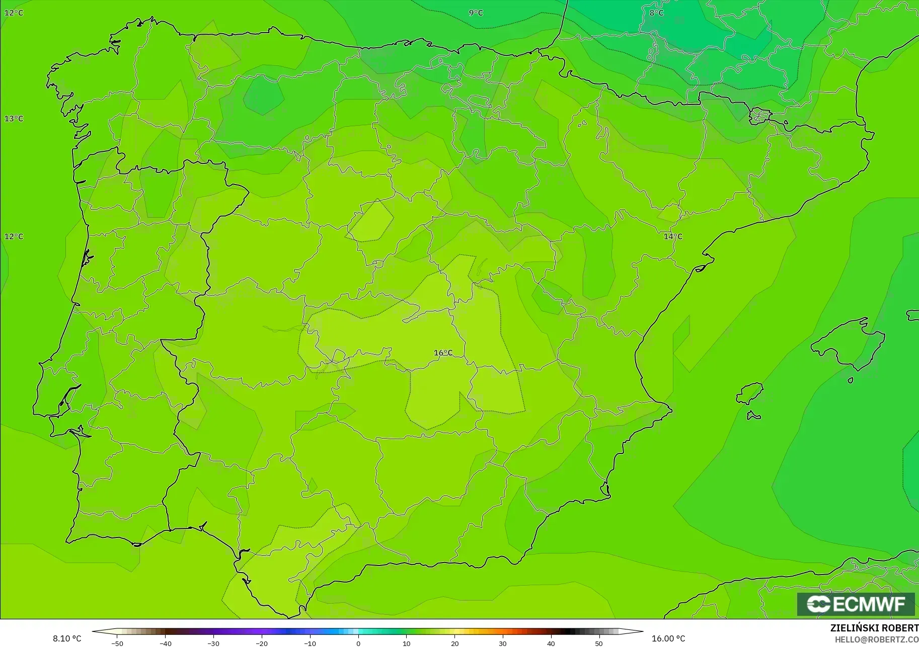 ECMWF IFS 0.25° modelo - España, Temperatura a 850 hPa