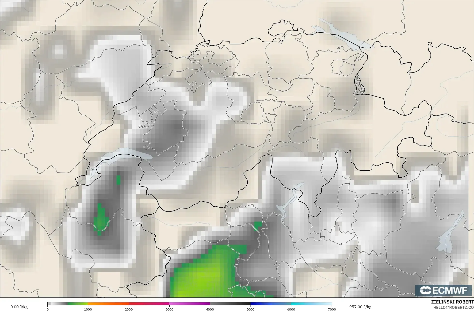 ECMWF IFS 0.25° modelo - Suiza, CAPE