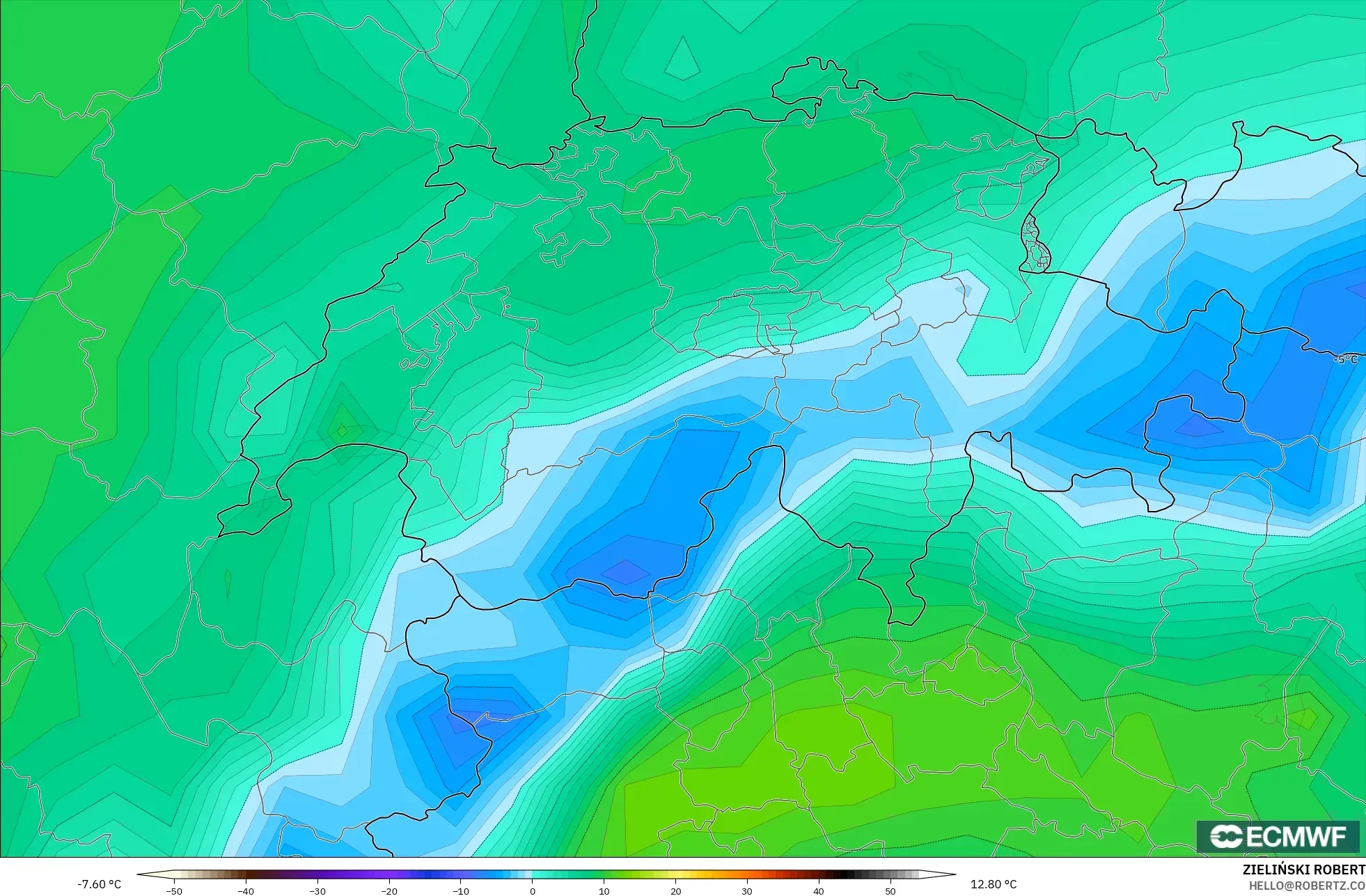 ECMWF IFS 0.25° modelo - Suiza, Punto de rocío a 2 m