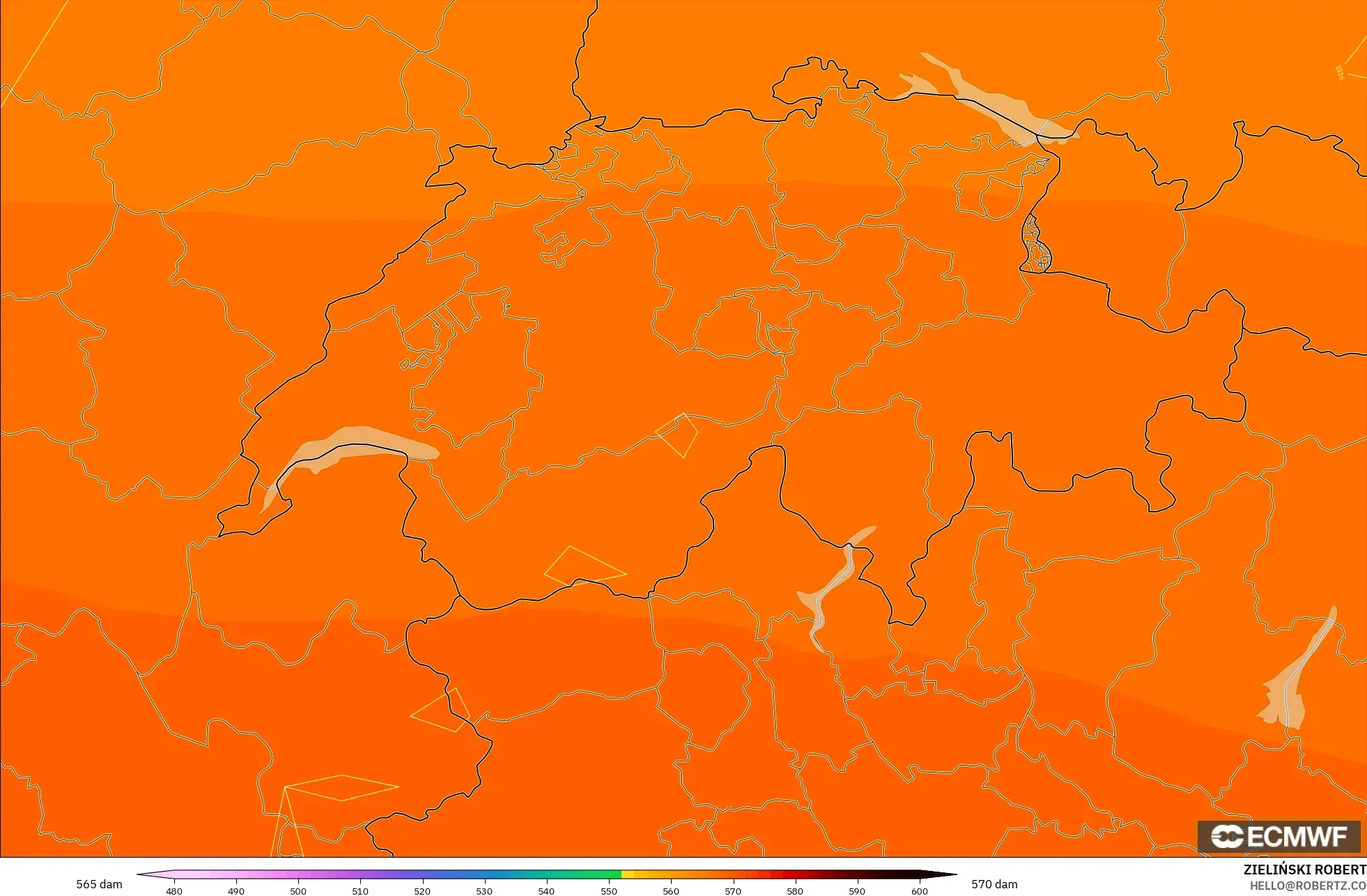 ECMWF IFS 0.25° modelo - Suiza, Altura geopotencial a 500 hPa