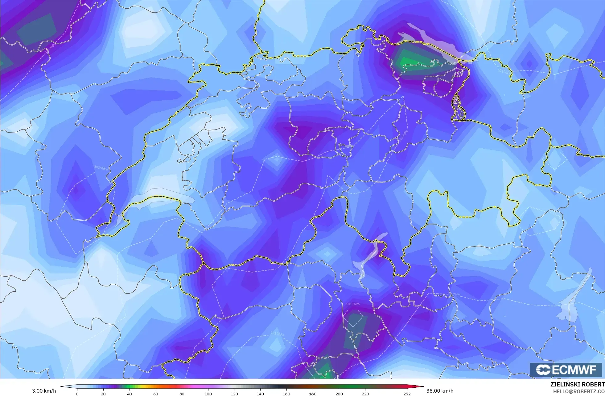 ECMWF IFS 0.25° modelo - Suiza, Ráfagas de viento