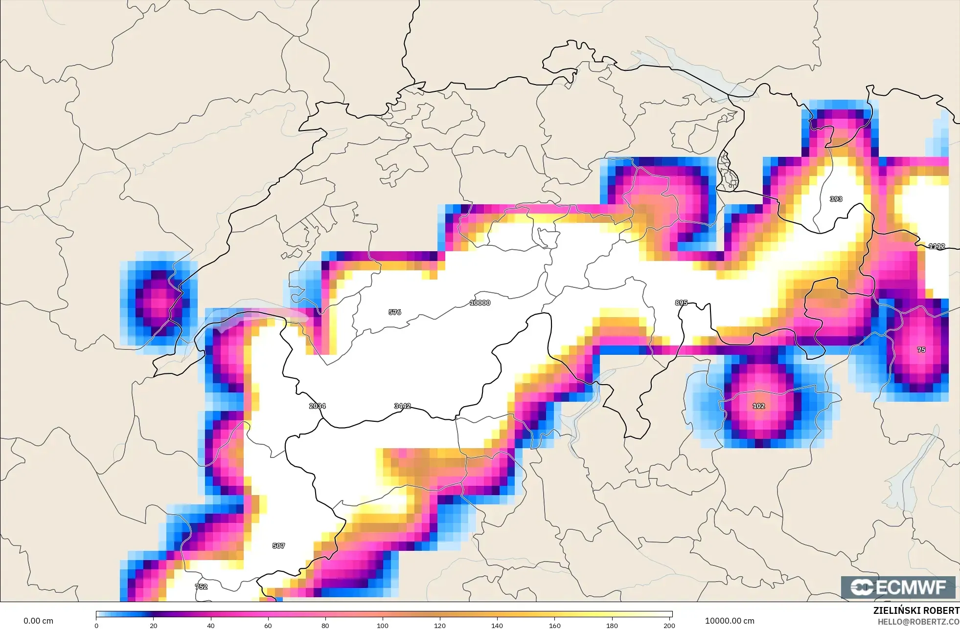 ECMWF IFS 0.25° modelo - Suiza, Profundidad de nieve