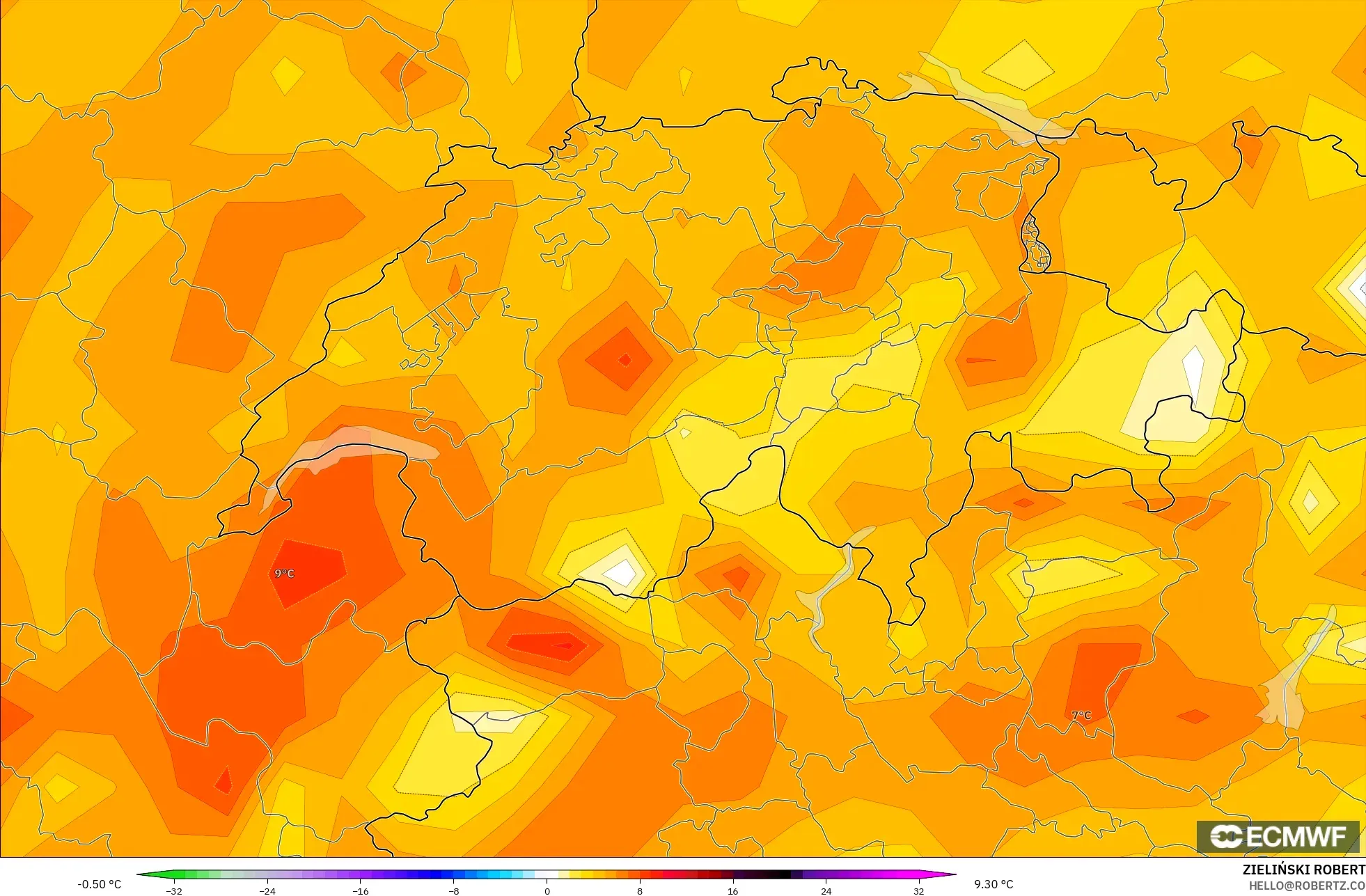 ECMWF IFS 0.25° modelo - Suiza, Anomalía de temperatura a 2 m