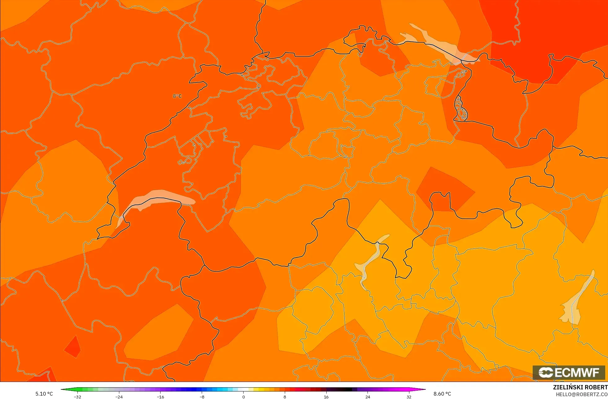 ECMWF IFS 0.25° modelo - Suiza, Anomalía de temperatura a 850 hPa