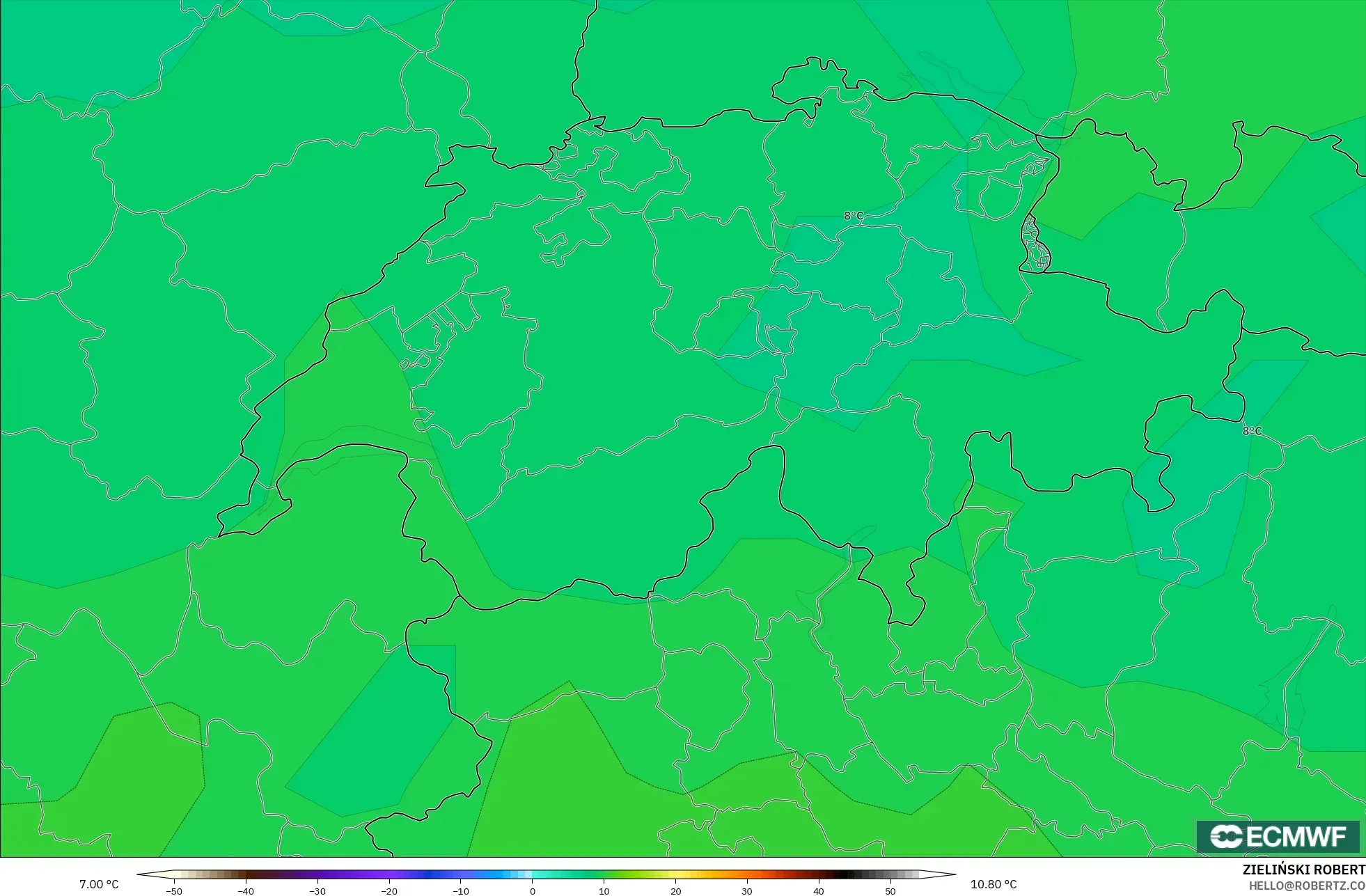 ECMWF IFS 0.25° modelo - Suiza, Temperatura a 850 hPa