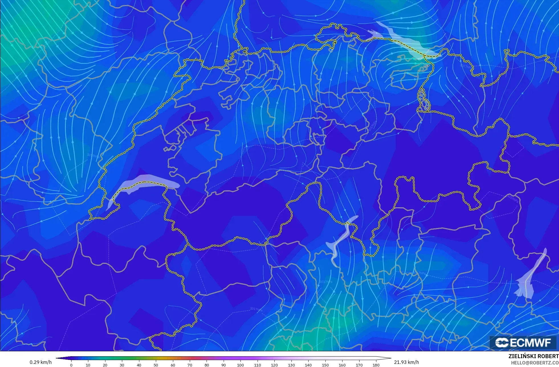 ECMWF IFS 0.25° modelo - Suiza, Viento a 10 m