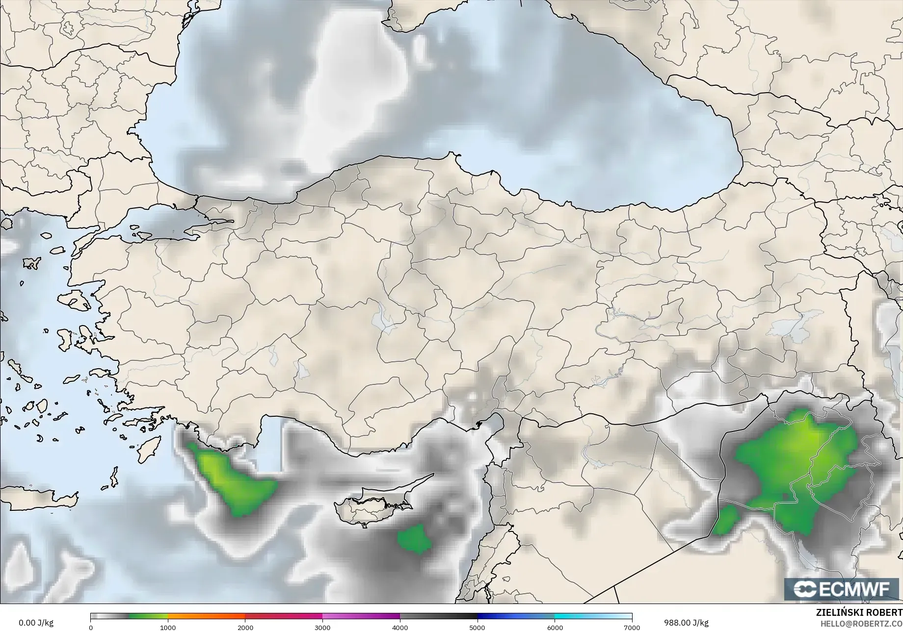 ECMWF IFS 0.25° modelo - Turquía, CAPE