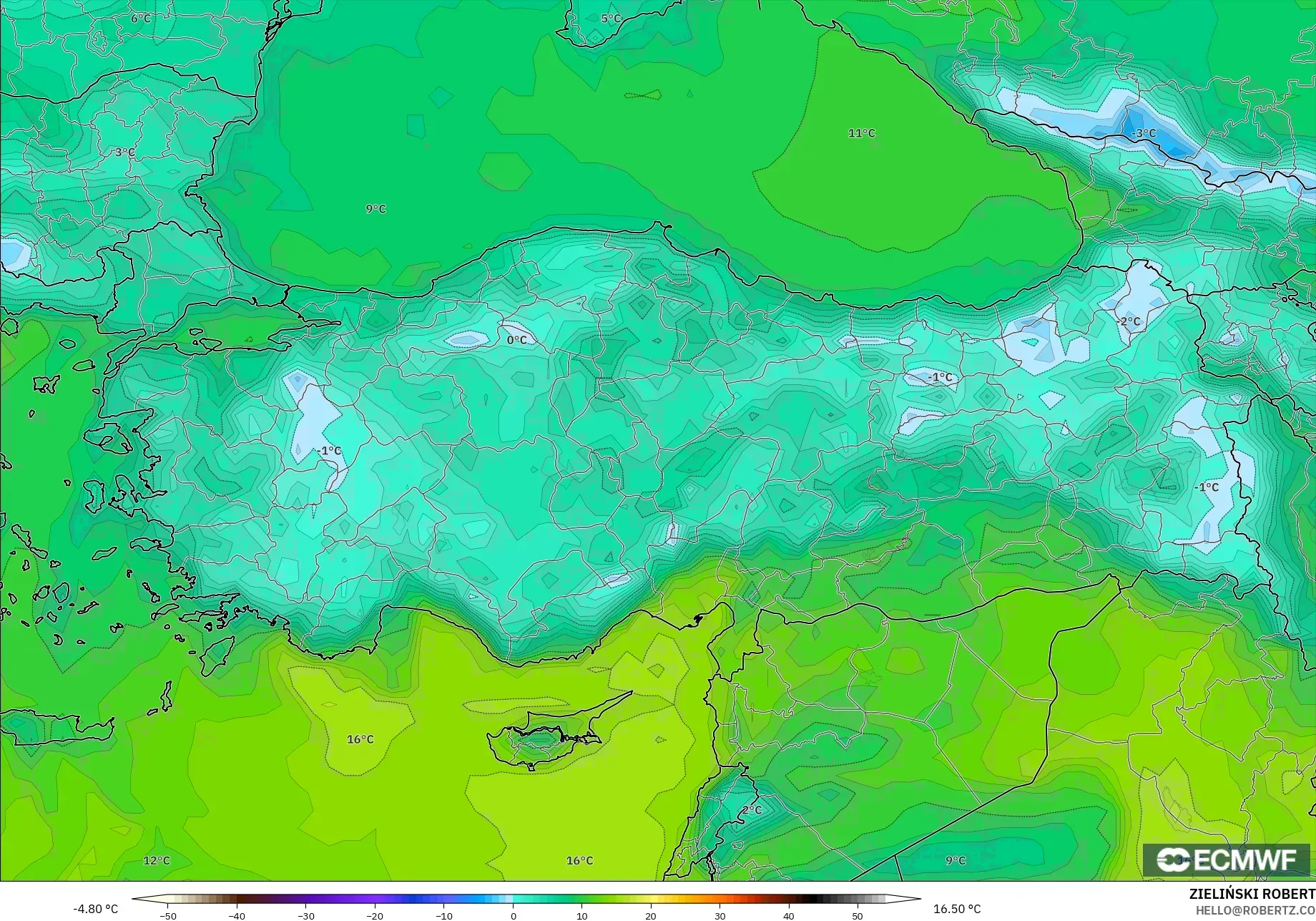 ECMWF IFS 0.25° modelo - Turquía, Punto de rocío a 2 m
