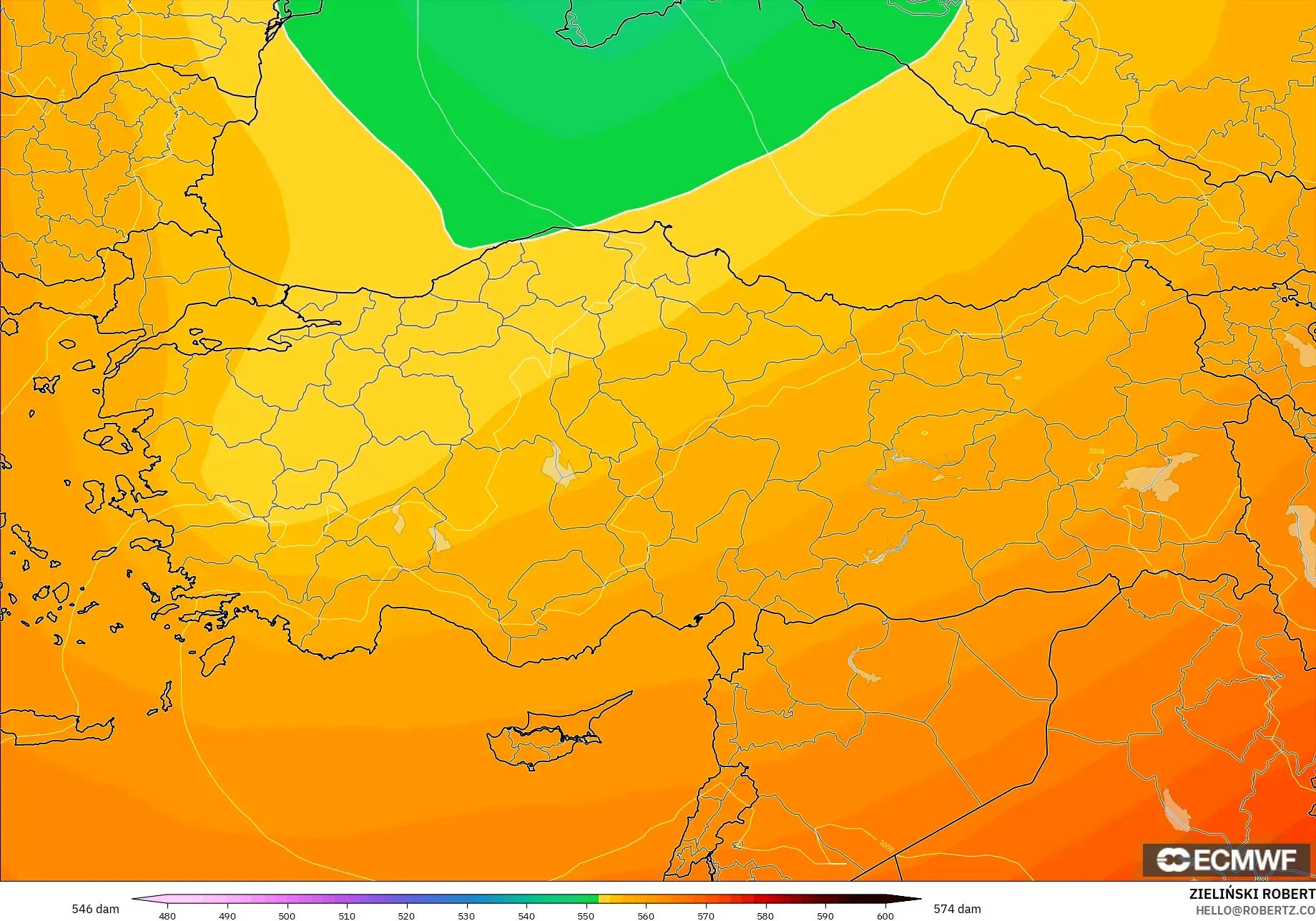 ECMWF IFS 0.25° modelo - Turquía, Altura geopotencial a 500 hPa
