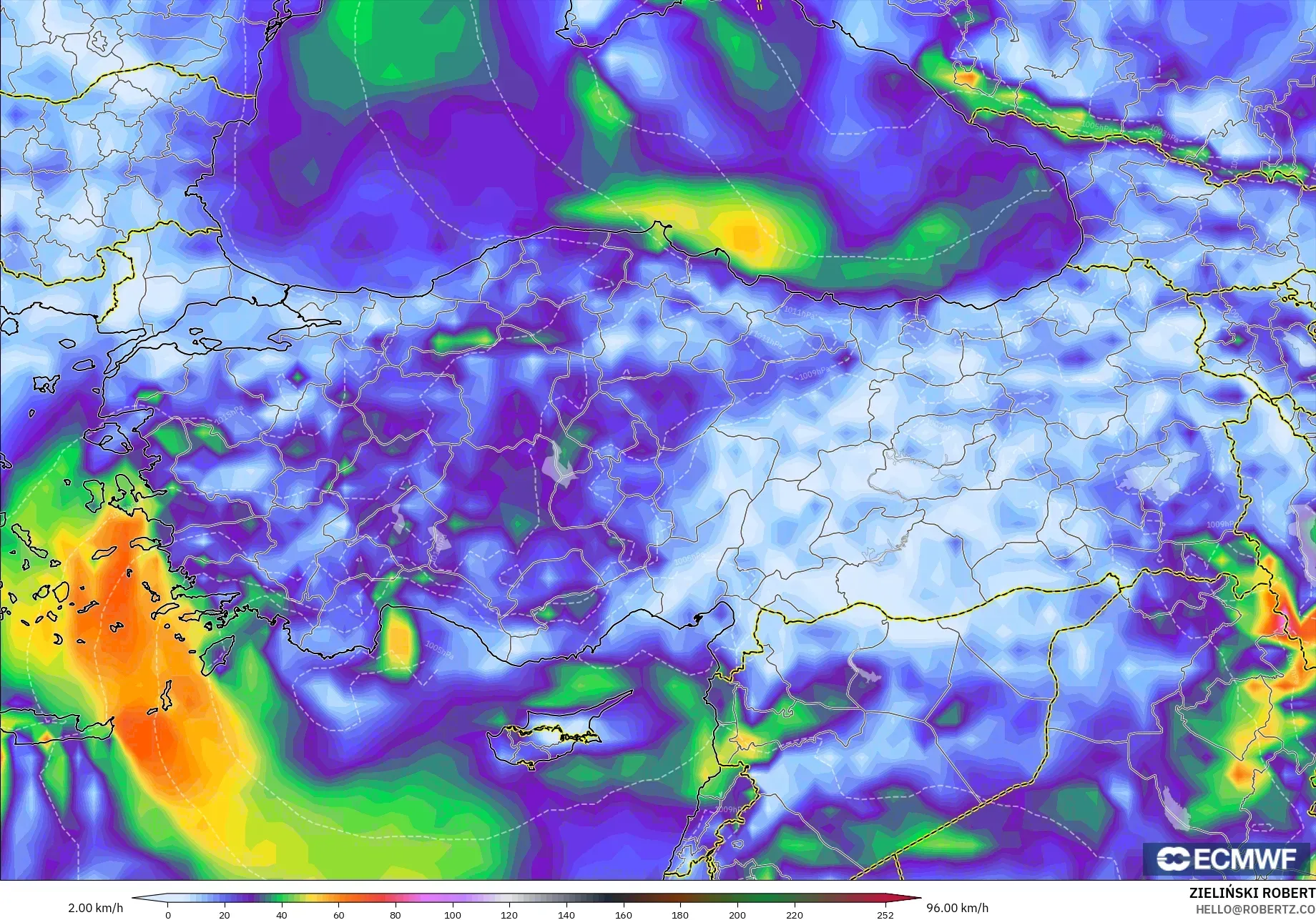 ECMWF IFS 0.25° modelo - Turquía, Ráfagas de Viento Máximas