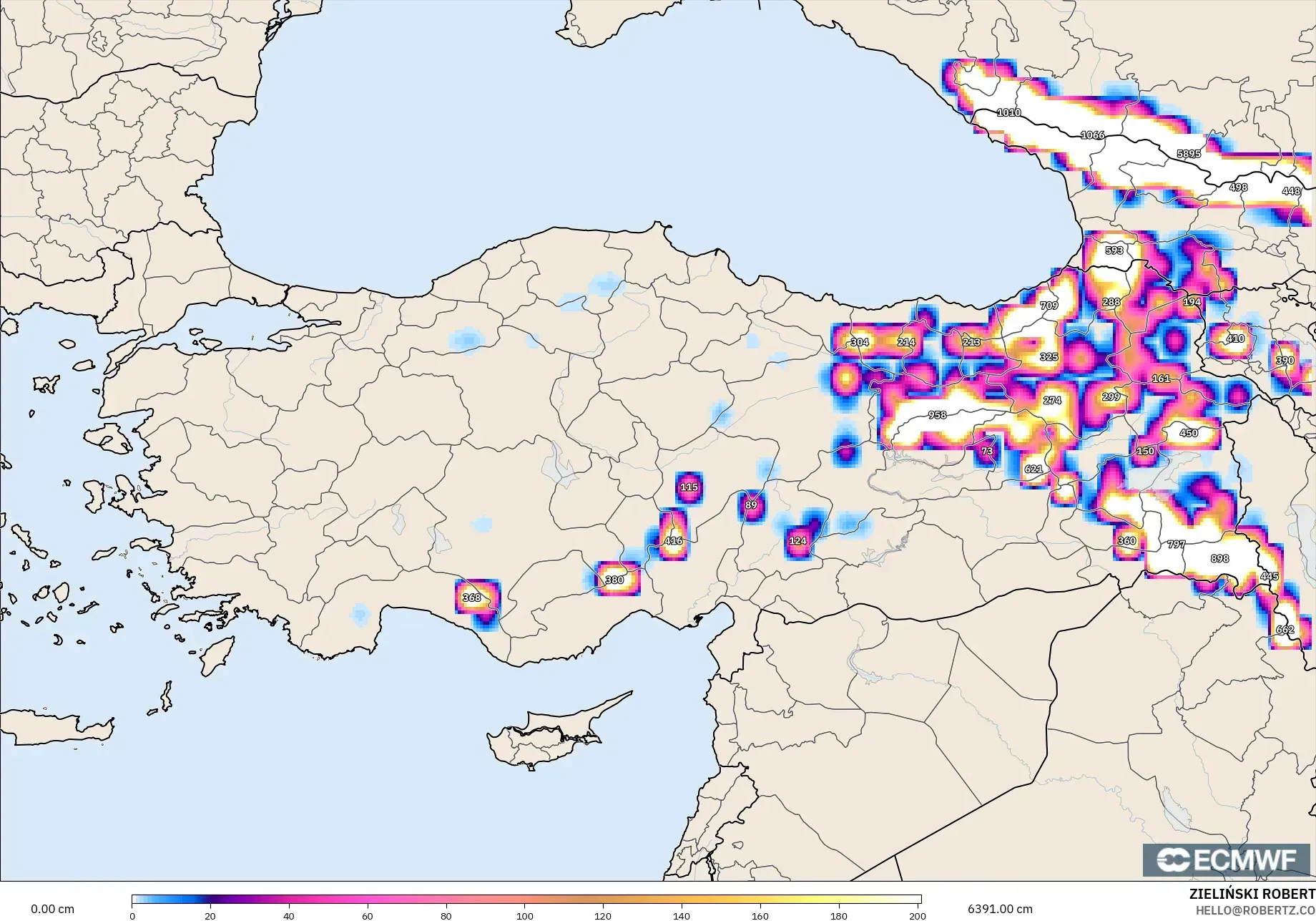 ECMWF IFS 0.25° modelo - Turquía, Profundidad de nieve