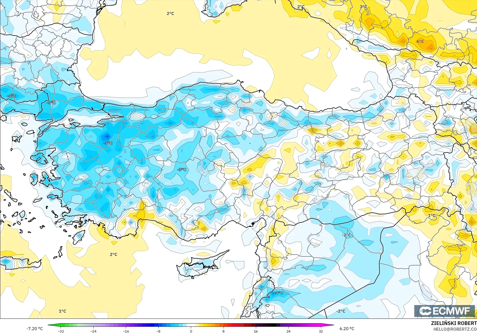 ECMWF IFS 0.25° modelo - Turquía, Anomalía de temperatura a 2 m