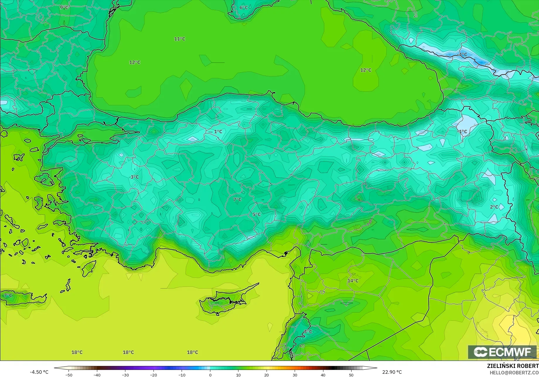 ECMWF IFS 0.25° modelo - Turquía, Temperatura a 2 m