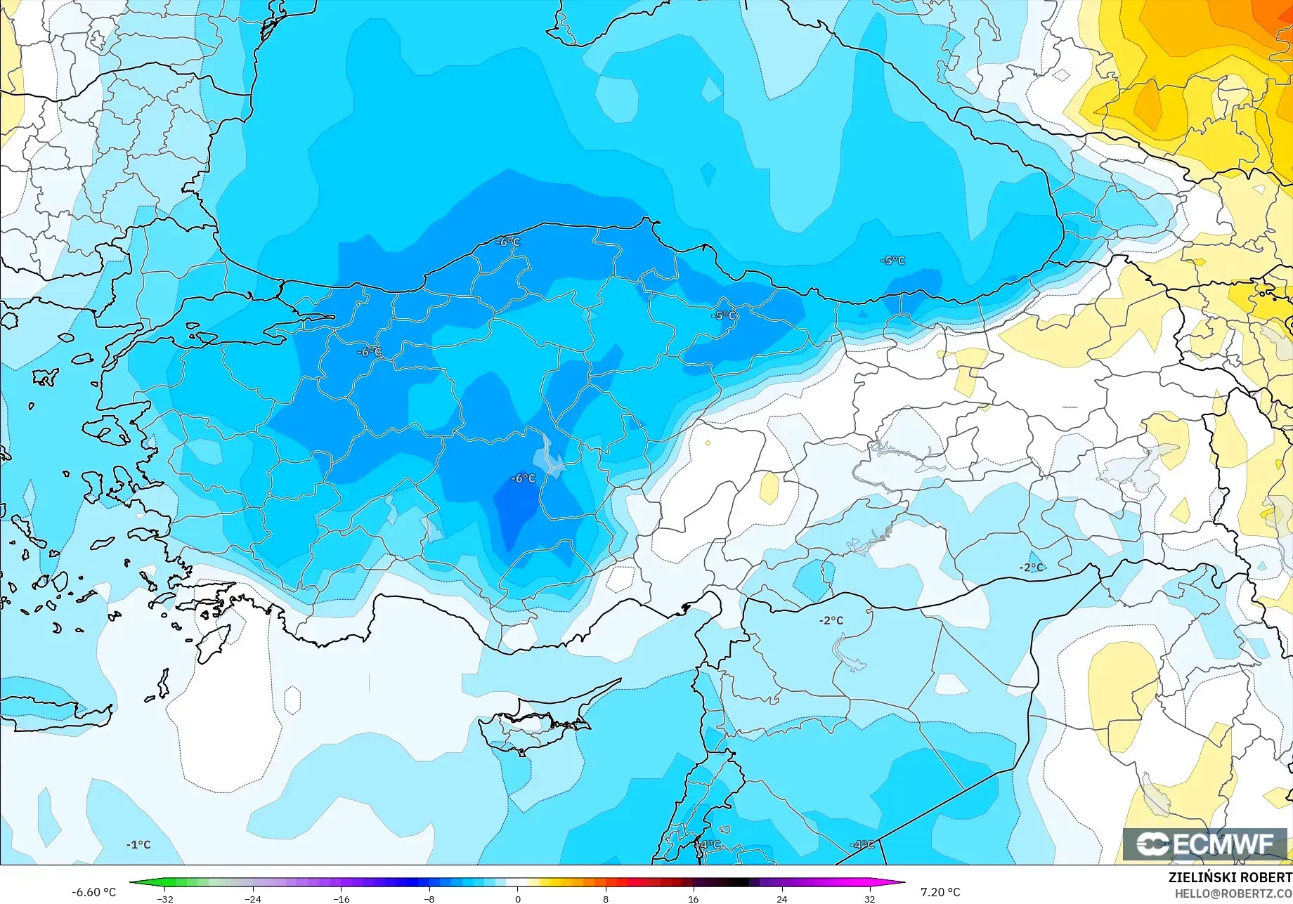 ECMWF IFS 0.25° modelo - Turquía, Anomalía de temperatura a 850 hPa