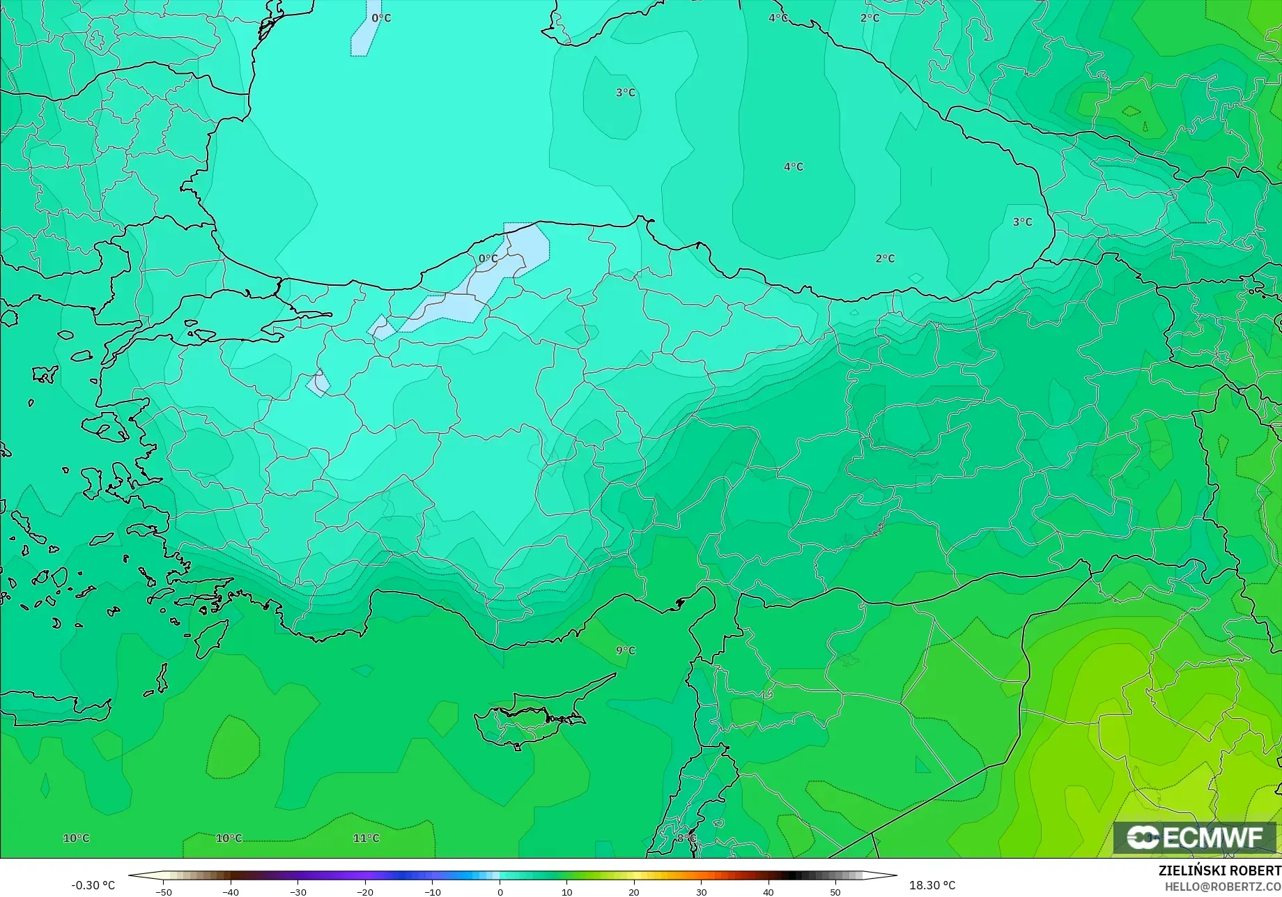 ECMWF IFS 0.25° modelo - Turquía, Temperatura a 850 hPa