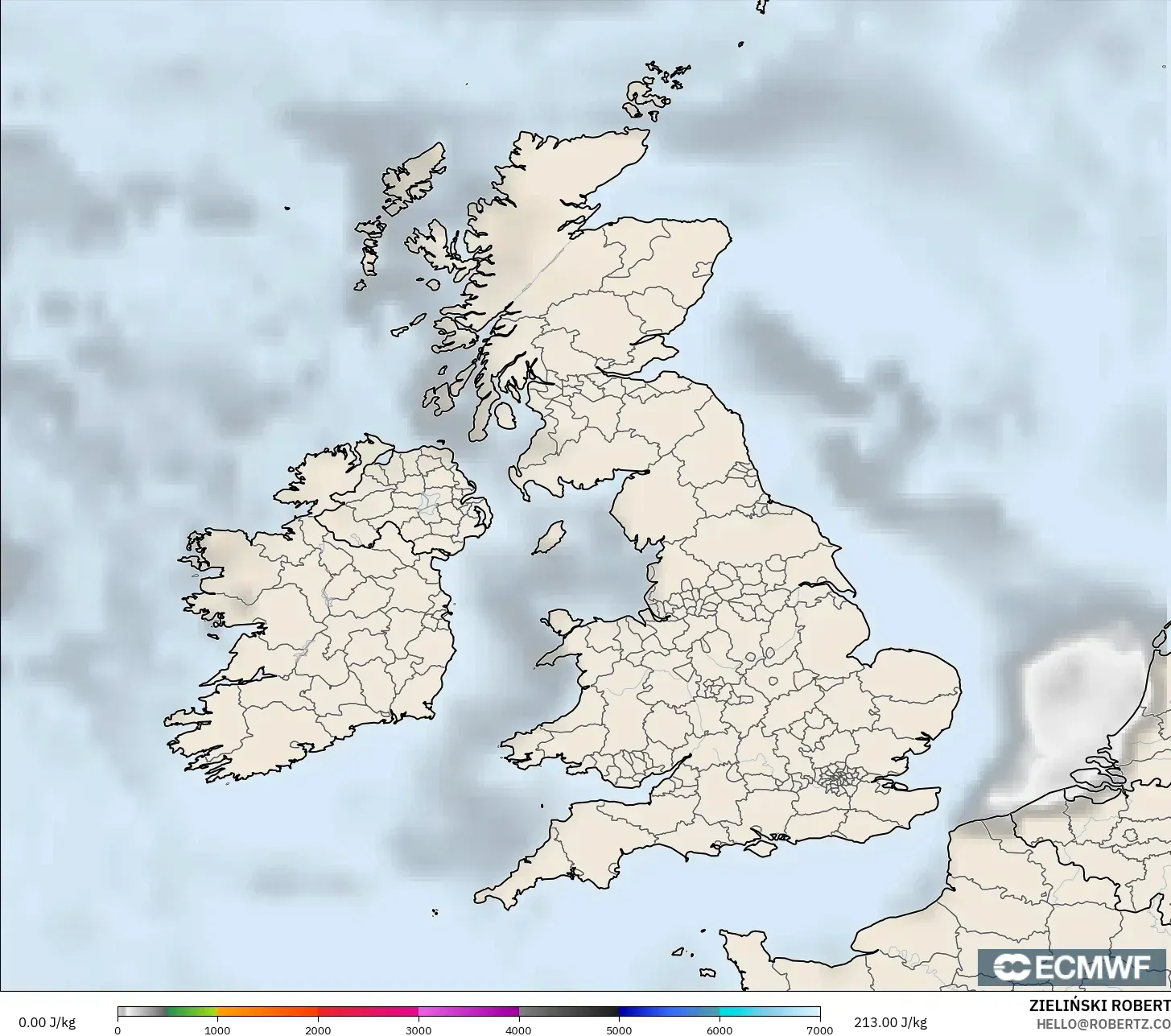 ECMWF IFS 0.25° modelo - Reino Unido, CAPE