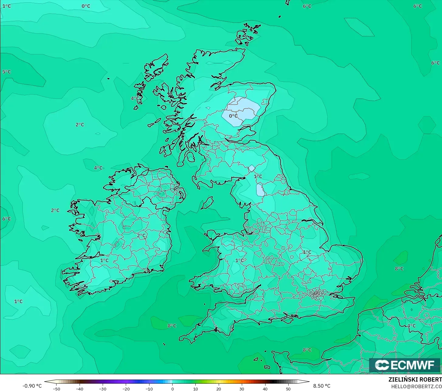 ECMWF IFS 0.25° modelo - Reino Unido, Punto de rocío a 2 m