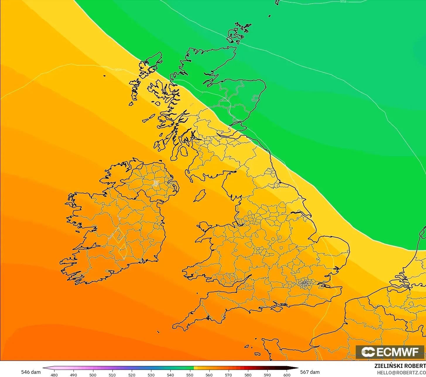 ECMWF IFS 0.25° modelo - Reino Unido, Altura geopotencial a 500 hPa