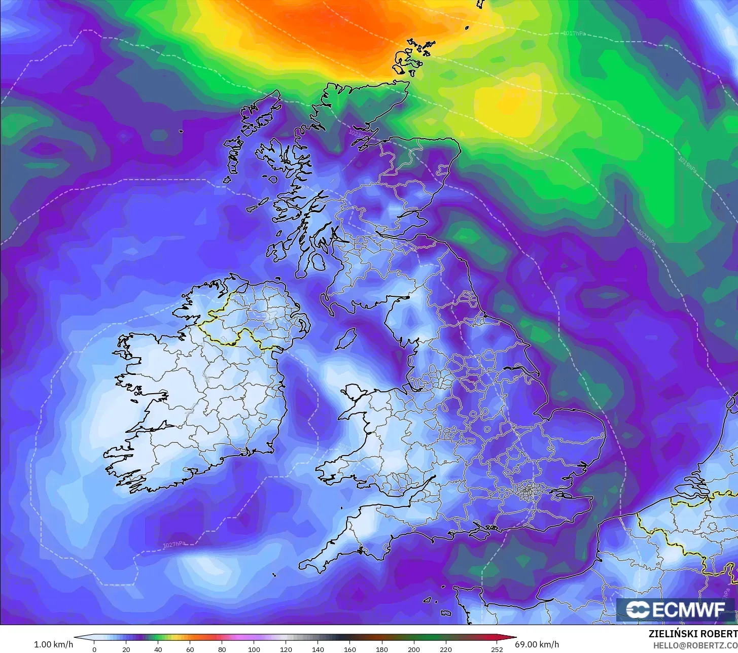 ECMWF IFS 0.25° modelo - Reino Unido, Ráfagas de viento