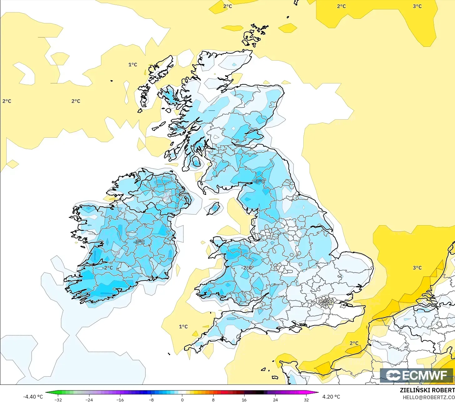 ECMWF IFS 0.25° modelo - Reino Unido, Anomalía de temperatura a 2 m