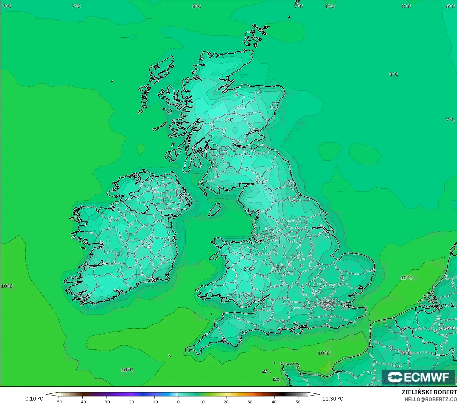 ECMWF IFS 0.25° modelo - Reino Unido, Temperatura a 2 m