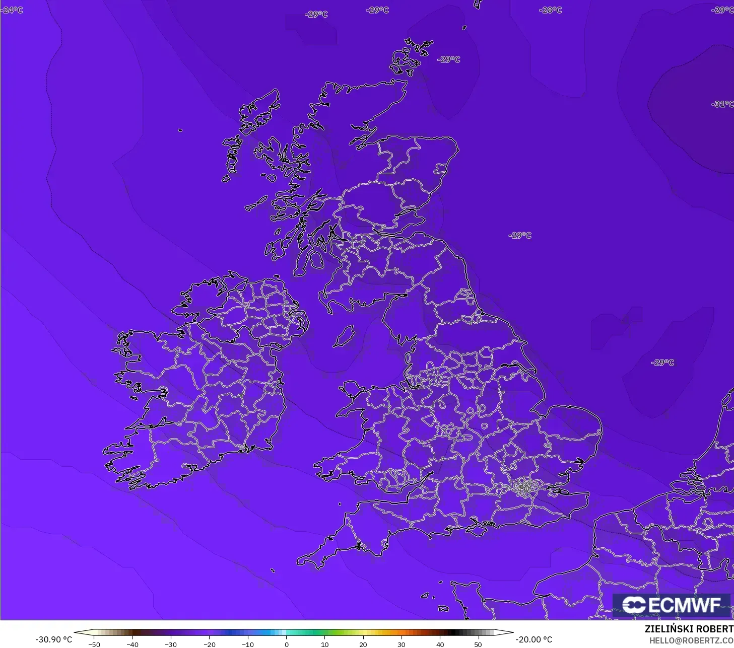 ECMWF IFS 0.25° modelo - Reino Unido, Temperatura a 500 hPa