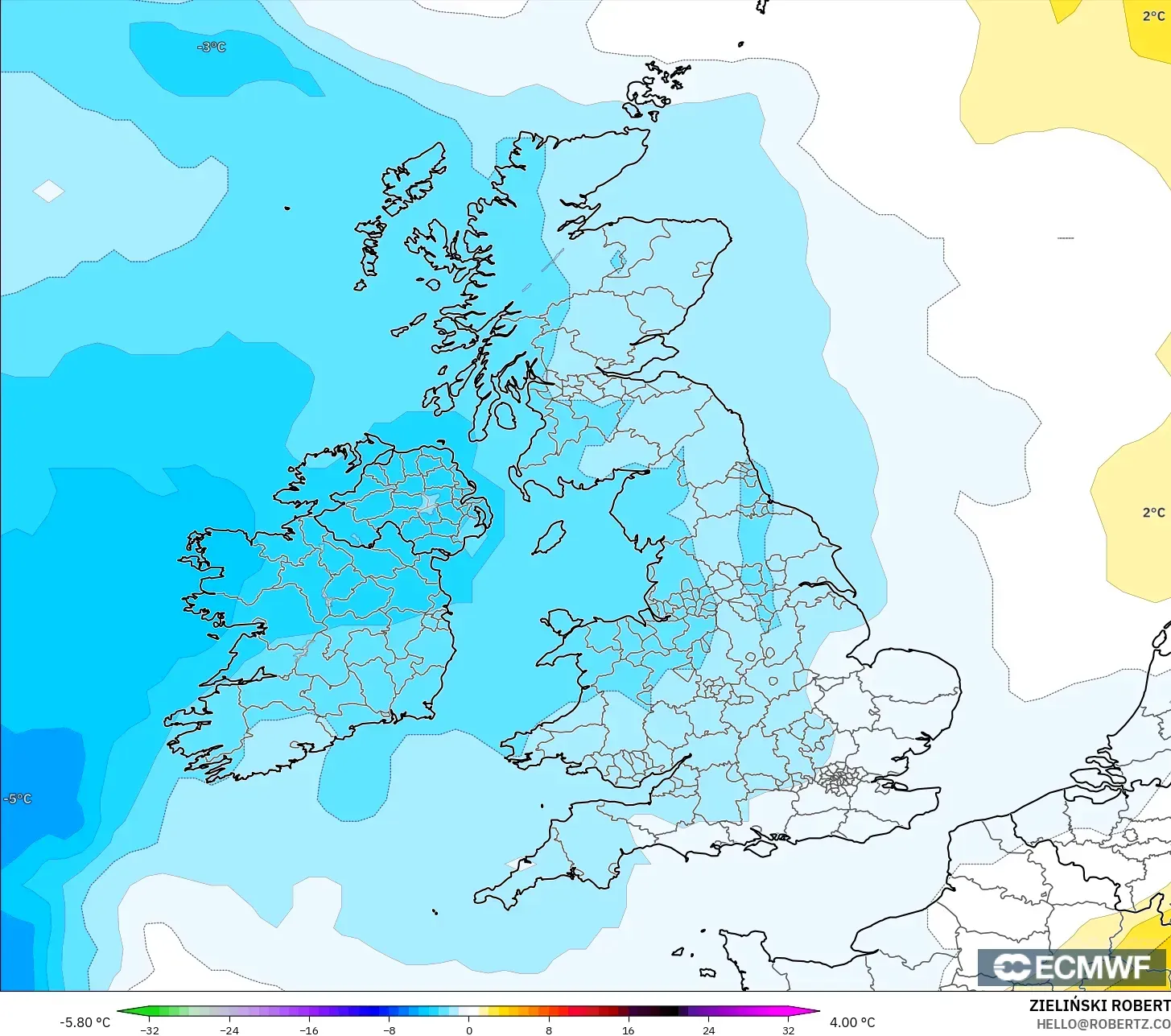 ECMWF IFS 0.25° modelo - Reino Unido, Anomalía de temperatura a 850 hPa