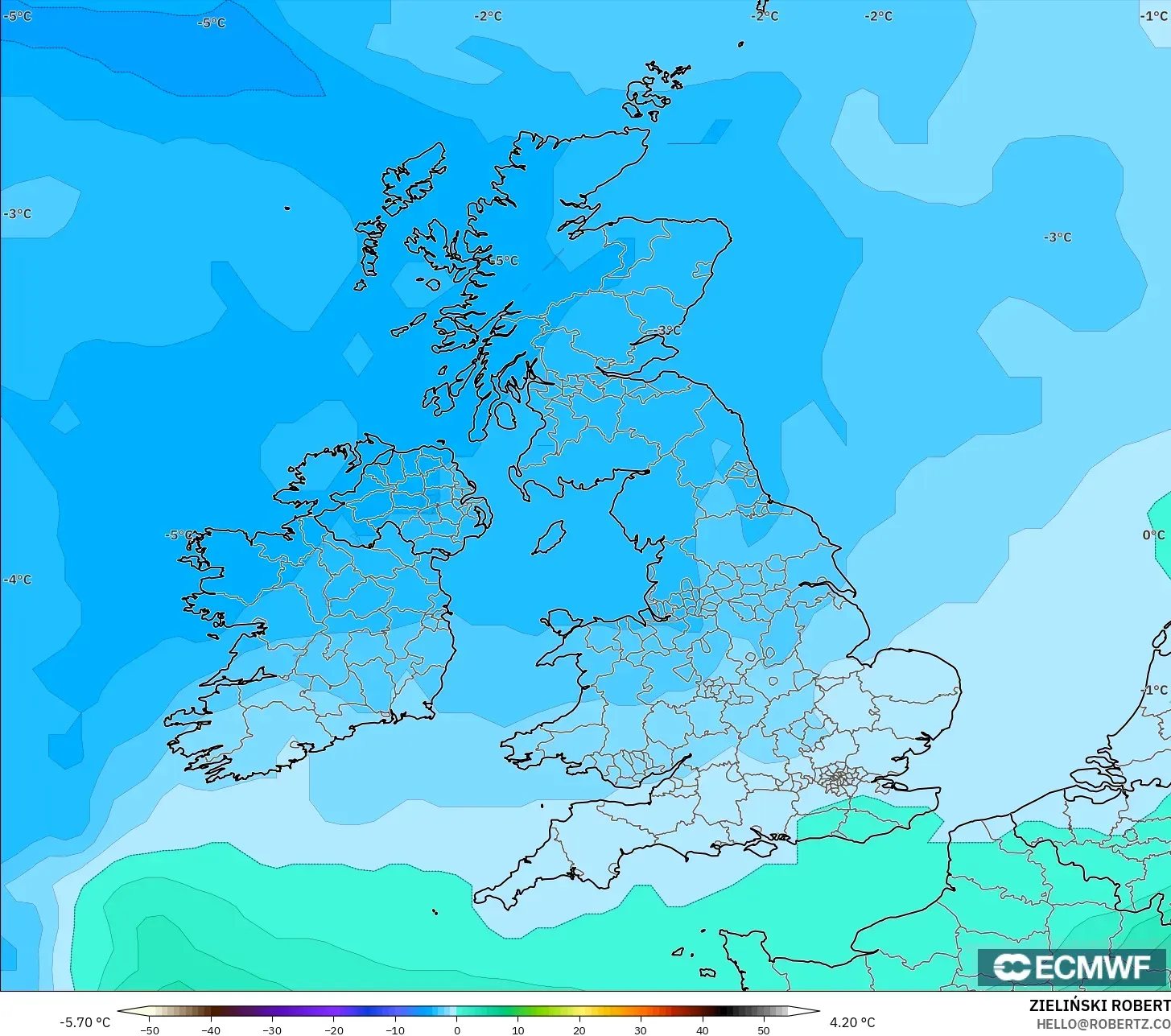 ECMWF IFS 0.25° modelo - Reino Unido, Temperatura a 850 hPa