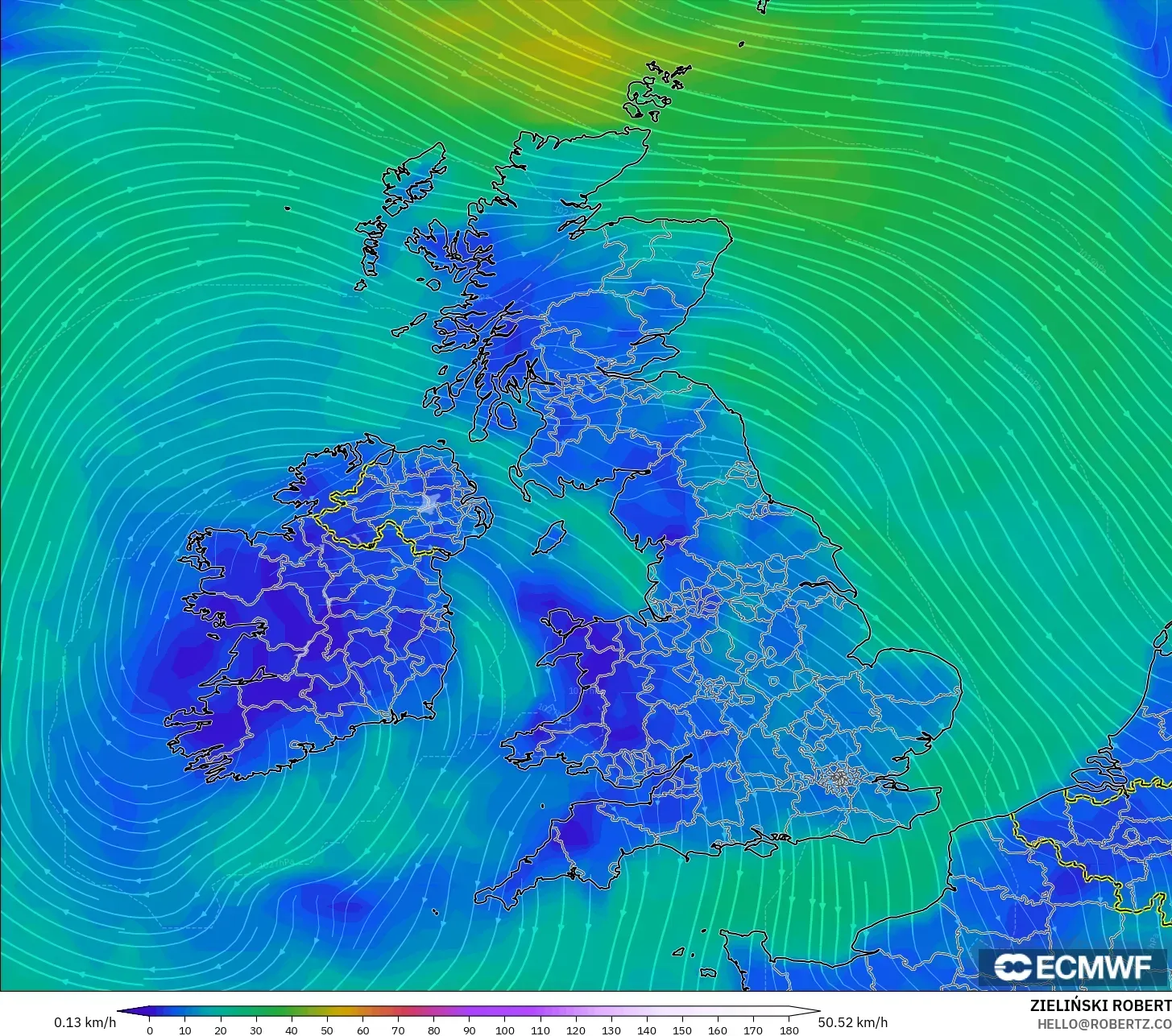 ECMWF IFS 0.25° modelo - Reino Unido, Viento a 10 m