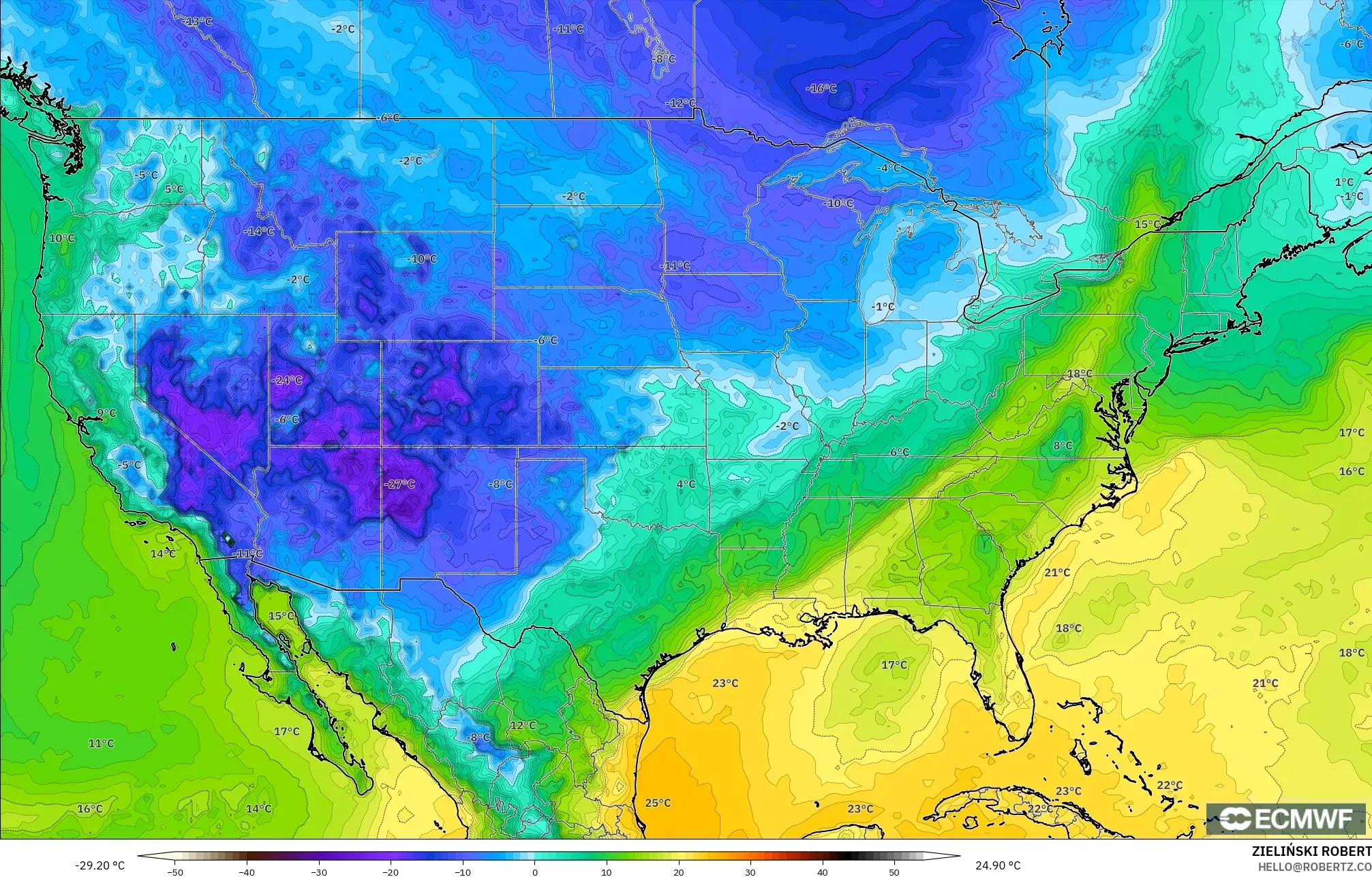 ECMWF IFS 0.25° modelo - Estados Unidos, Punto de rocío a 2 m