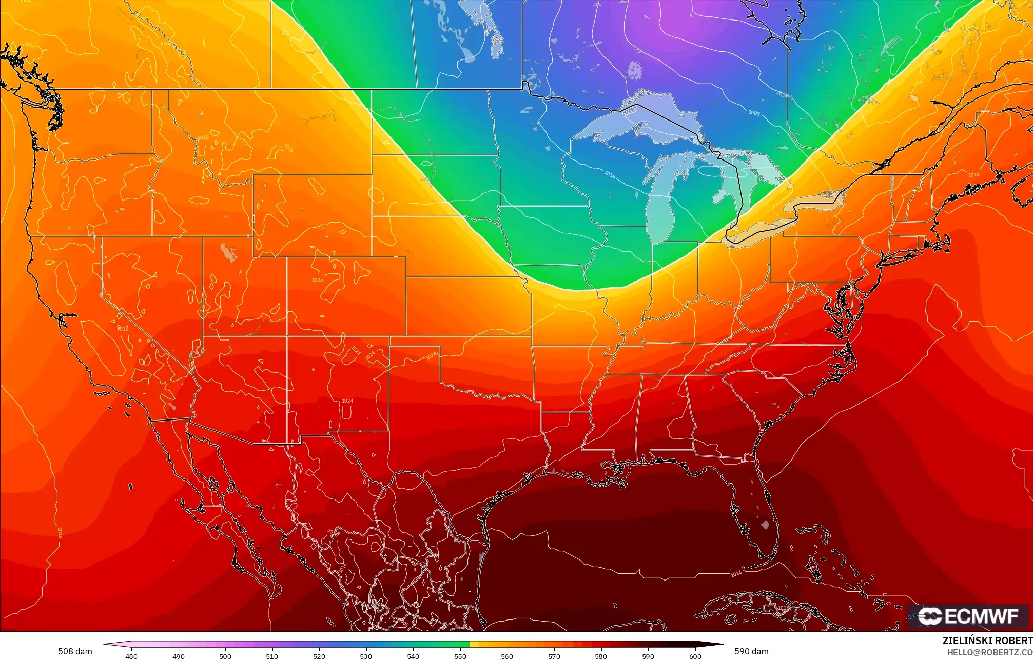 ECMWF IFS 0.25° modelo - Estados Unidos, Altura geopotencial a 500 hPa
