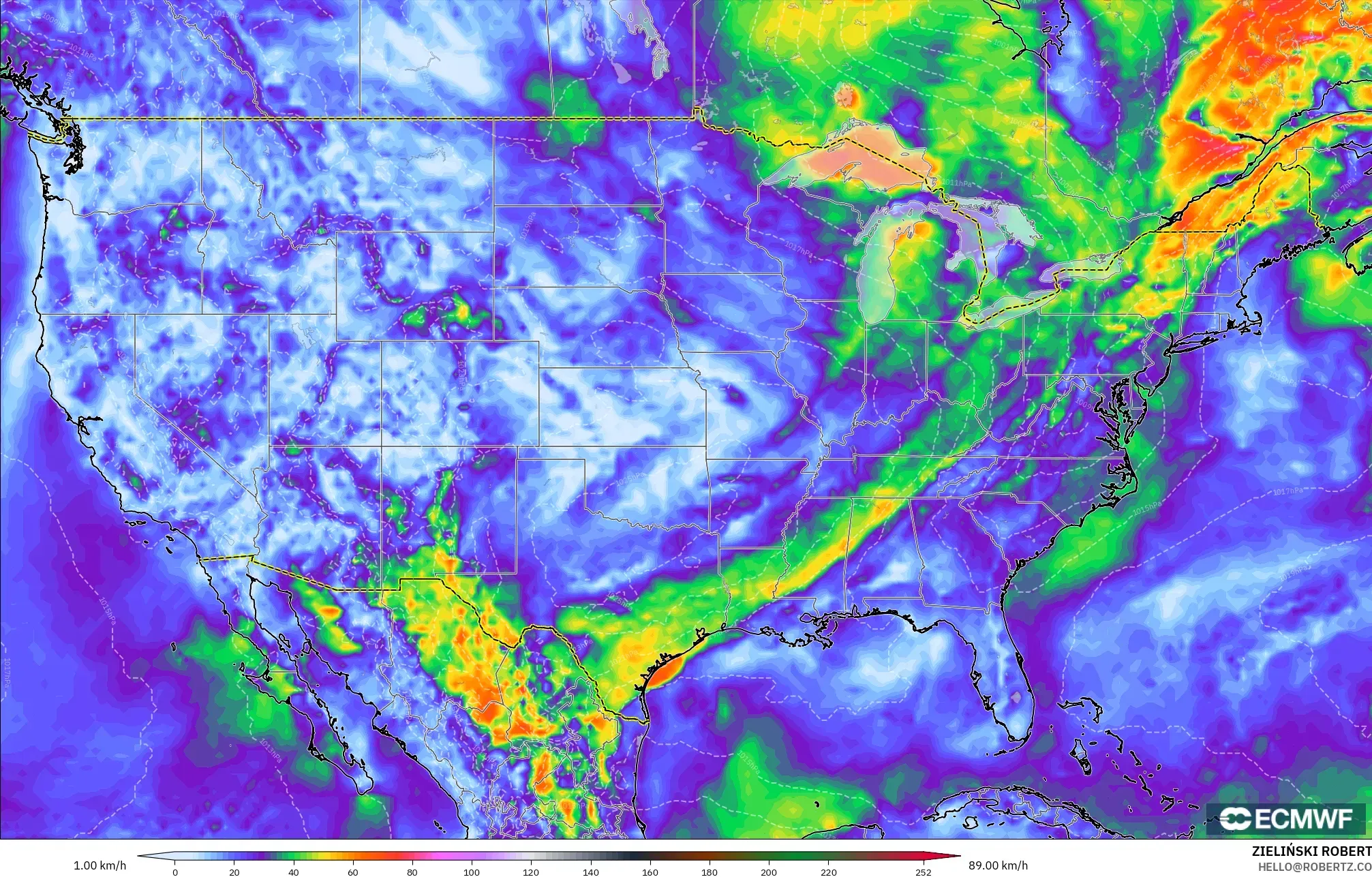 ECMWF IFS 0.25° modelo - Estados Unidos, Ráfagas de Viento Máximas