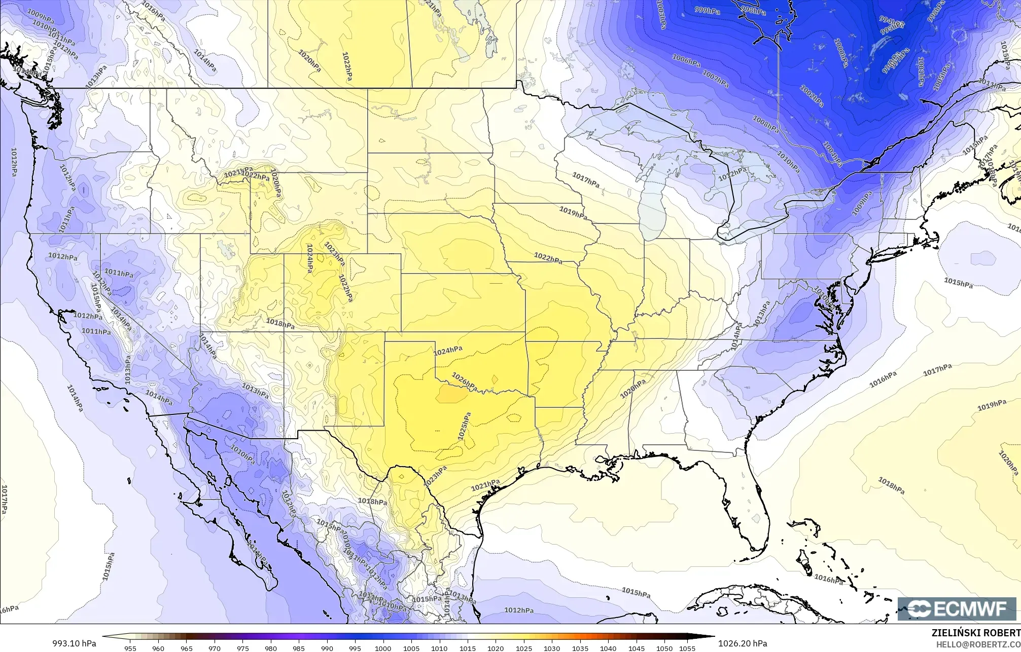 ECMWF IFS 0.25° modelo - Estados Unidos, Presión
