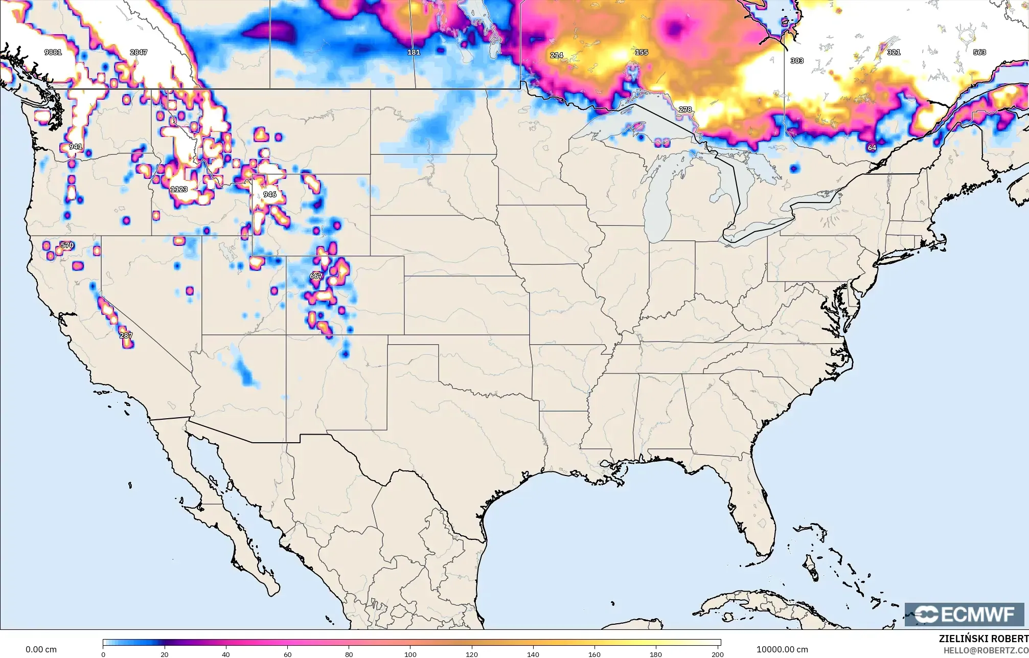 ECMWF IFS 0.25° modelo - Estados Unidos, Profundidad de nieve