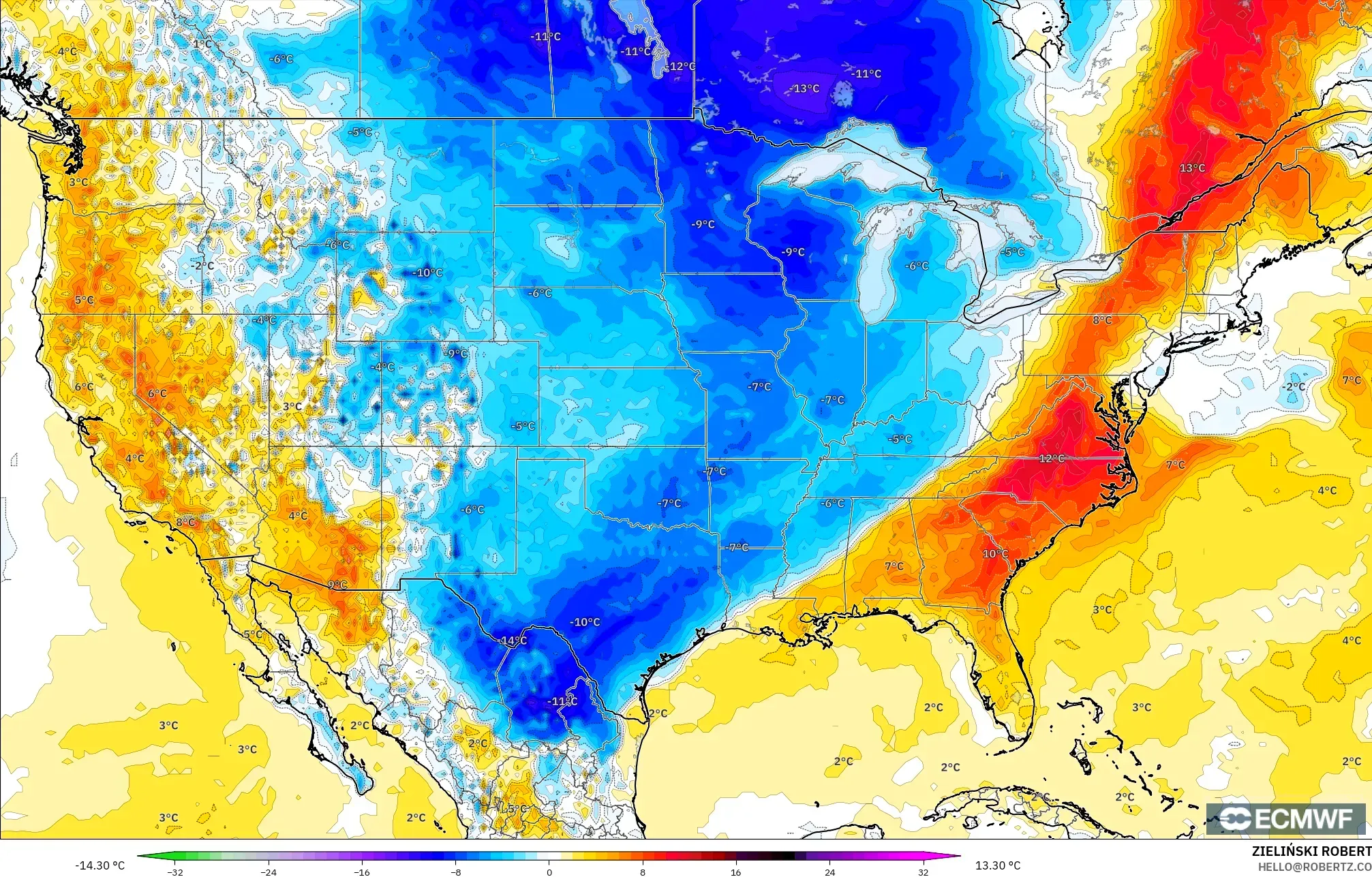 ECMWF IFS 0.25° modelo - Estados Unidos, Anomalía de temperatura a 2 m