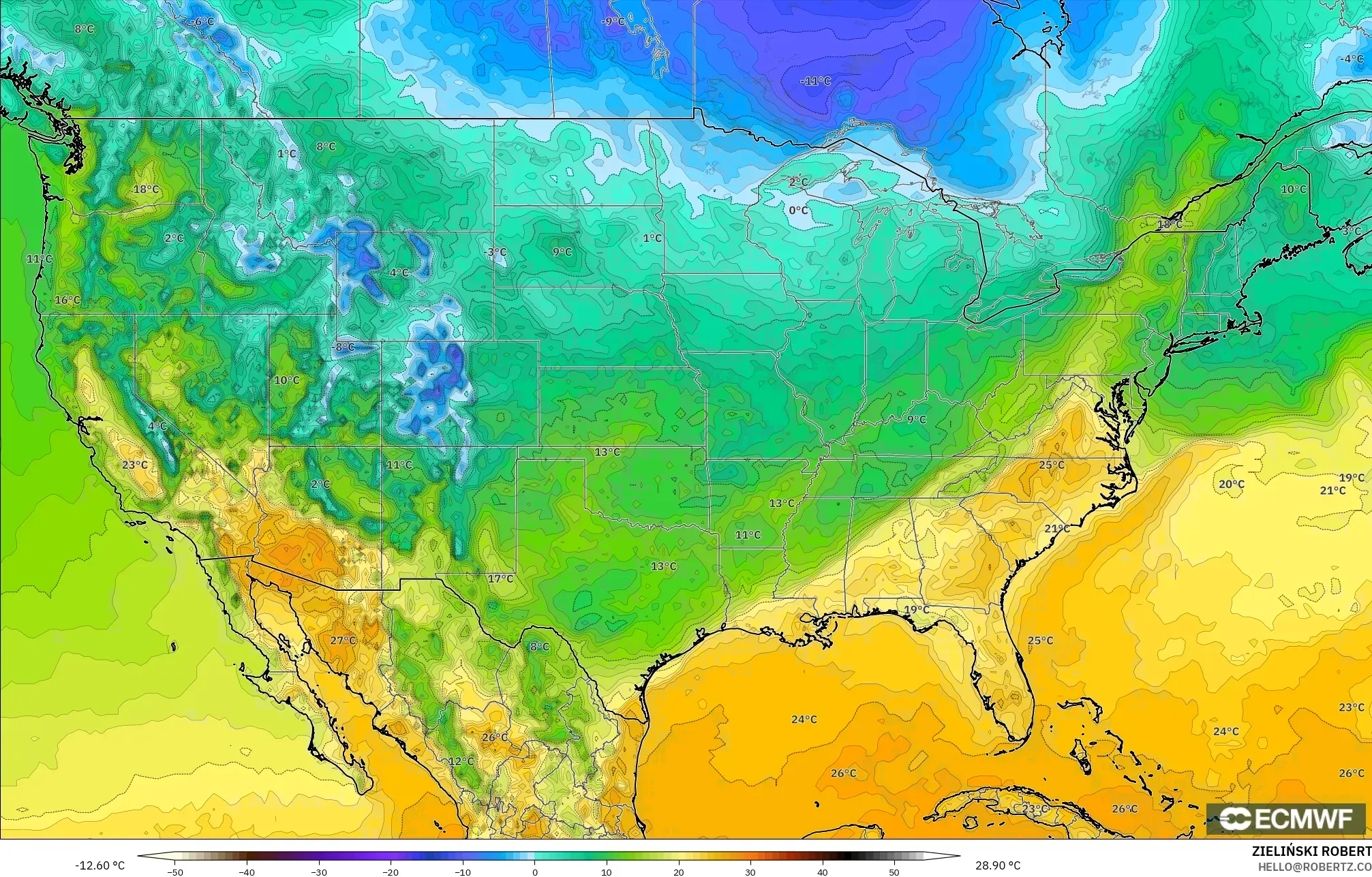ECMWF IFS 0.25° modelo - Estados Unidos, Temperatura a 2 m