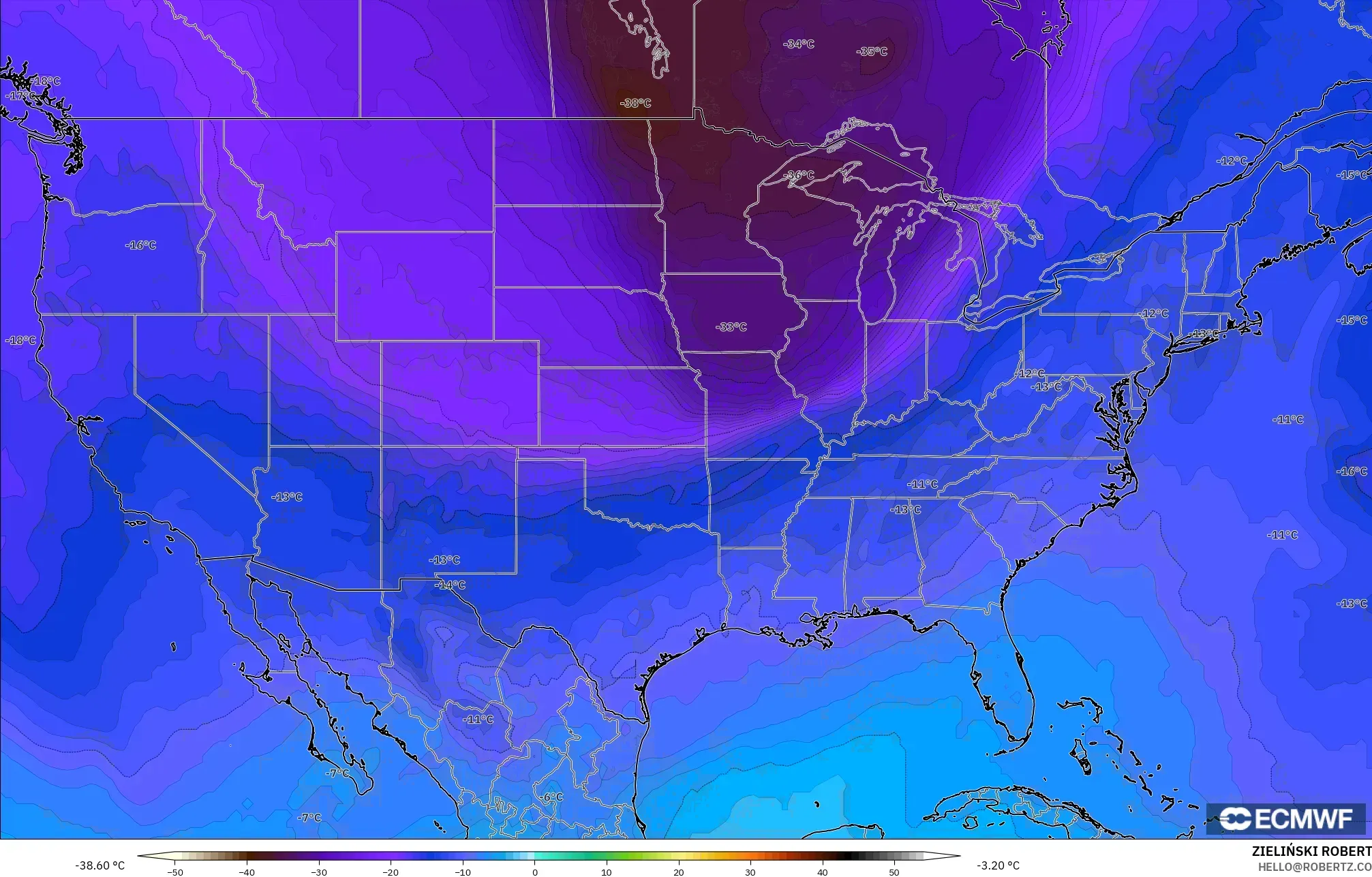 ECMWF IFS 0.25° modelo - Estados Unidos, Temperatura a 500 hPa