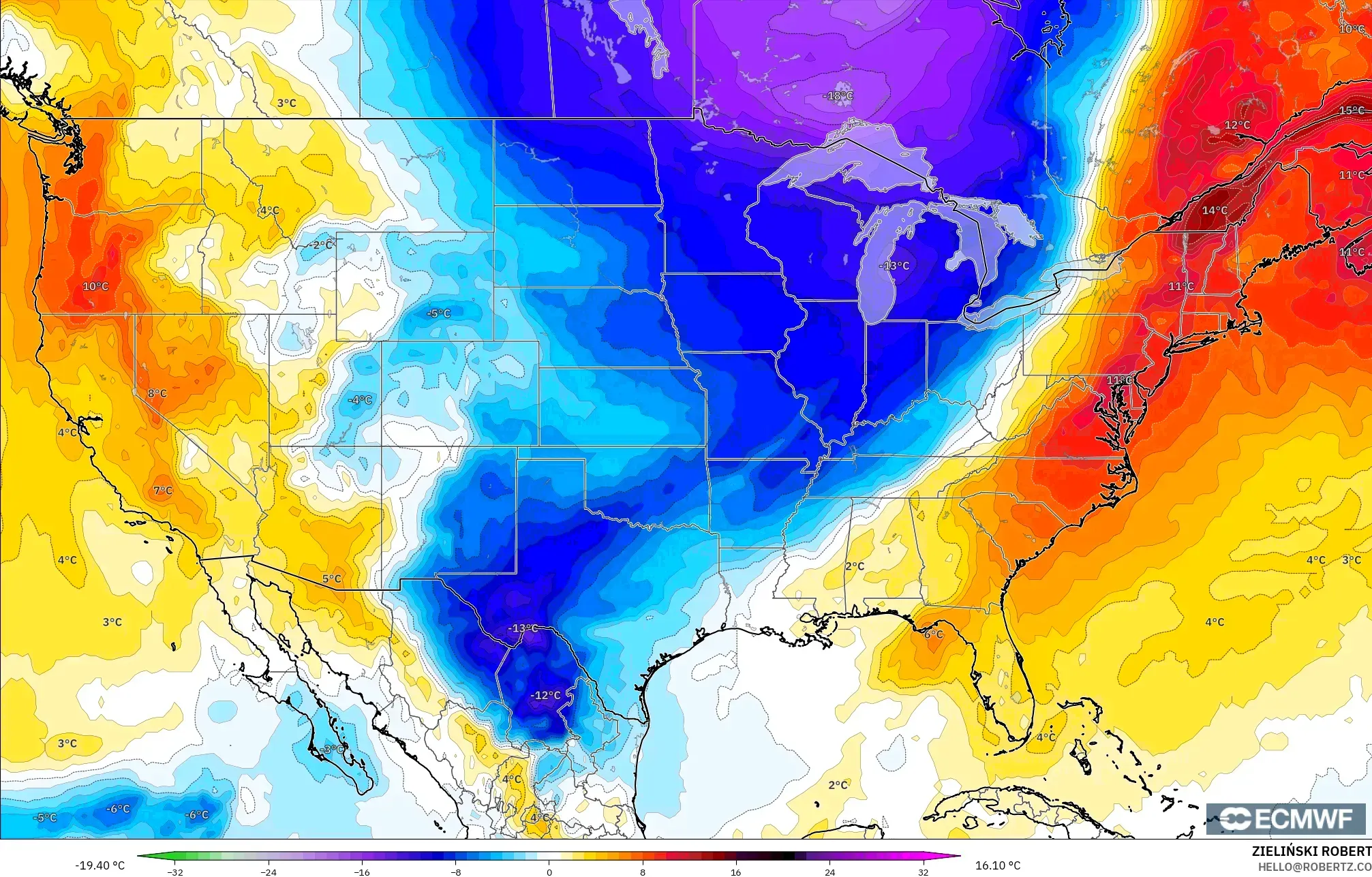 ECMWF IFS 0.25° modelo - Estados Unidos, Anomalía de temperatura a 850 hPa