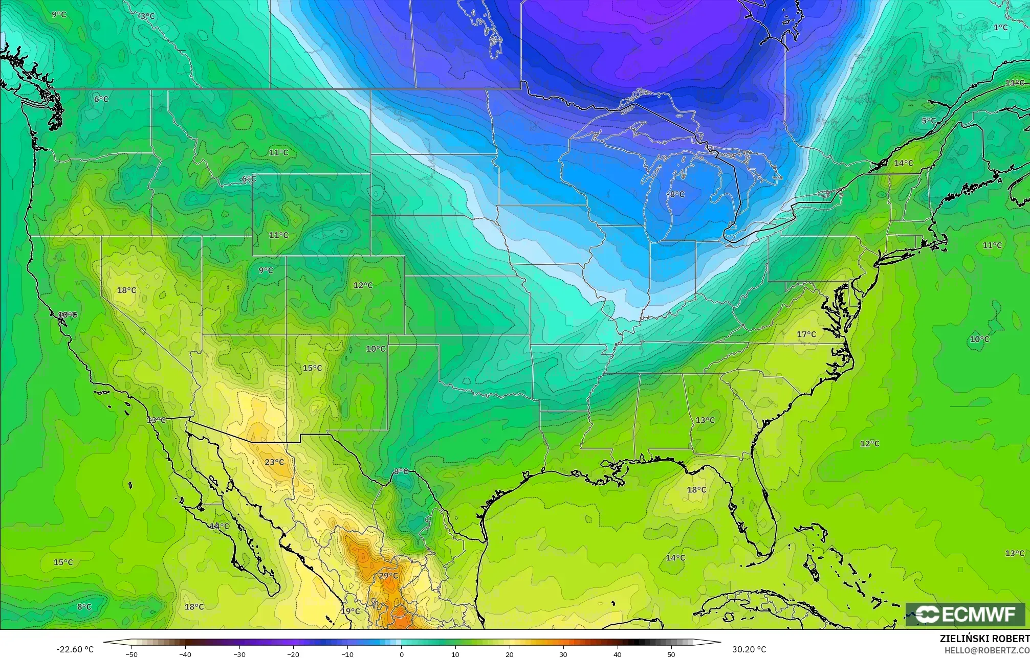 ECMWF IFS 0.25° modelo - Estados Unidos, Temperatura a 850 hPa
