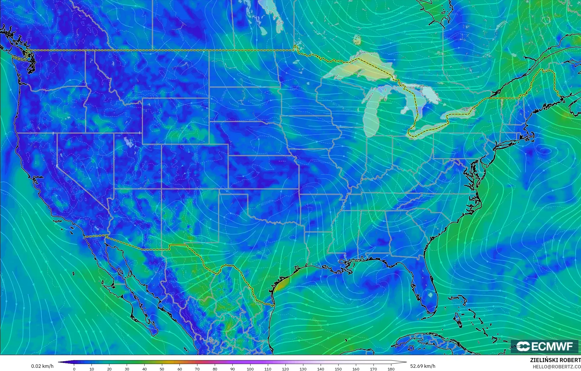 ECMWF IFS 0.25° modelo - Estados Unidos, Viento a 10 m