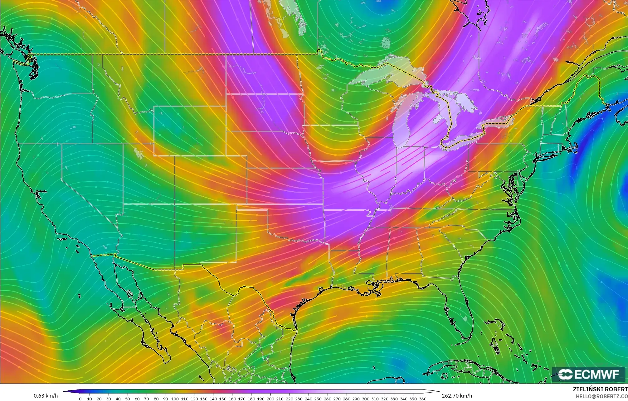 ECMWF IFS 0.25° modelo - Estados Unidos, Viento a 300 hPa (corriente en chorro)