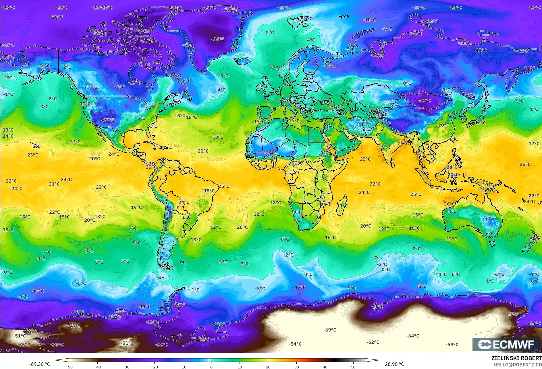 ECMWF IFS 0.25° modelo - Mundo, Punto de rocío a 2 m